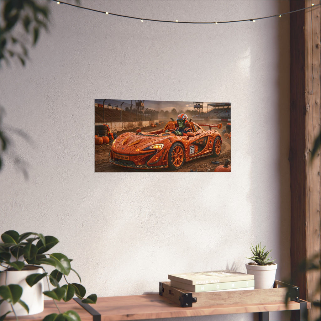 Halloween Race Car Poster — Orange Pumpkin Sports Car Matte Horizontal Print