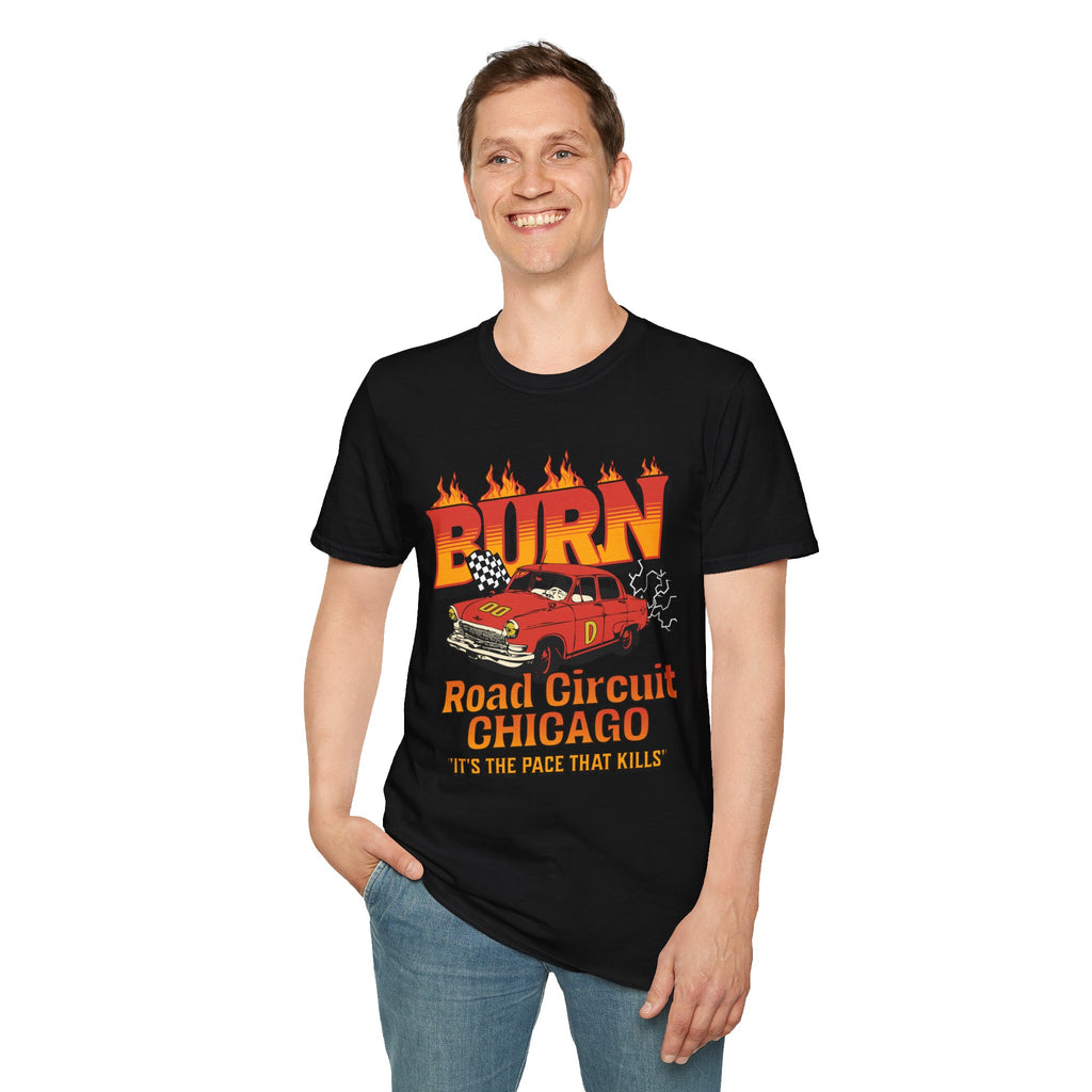 Racing 'BURN' Graphic Tee — Retro Flaming Racecar Chicago Track Shirt