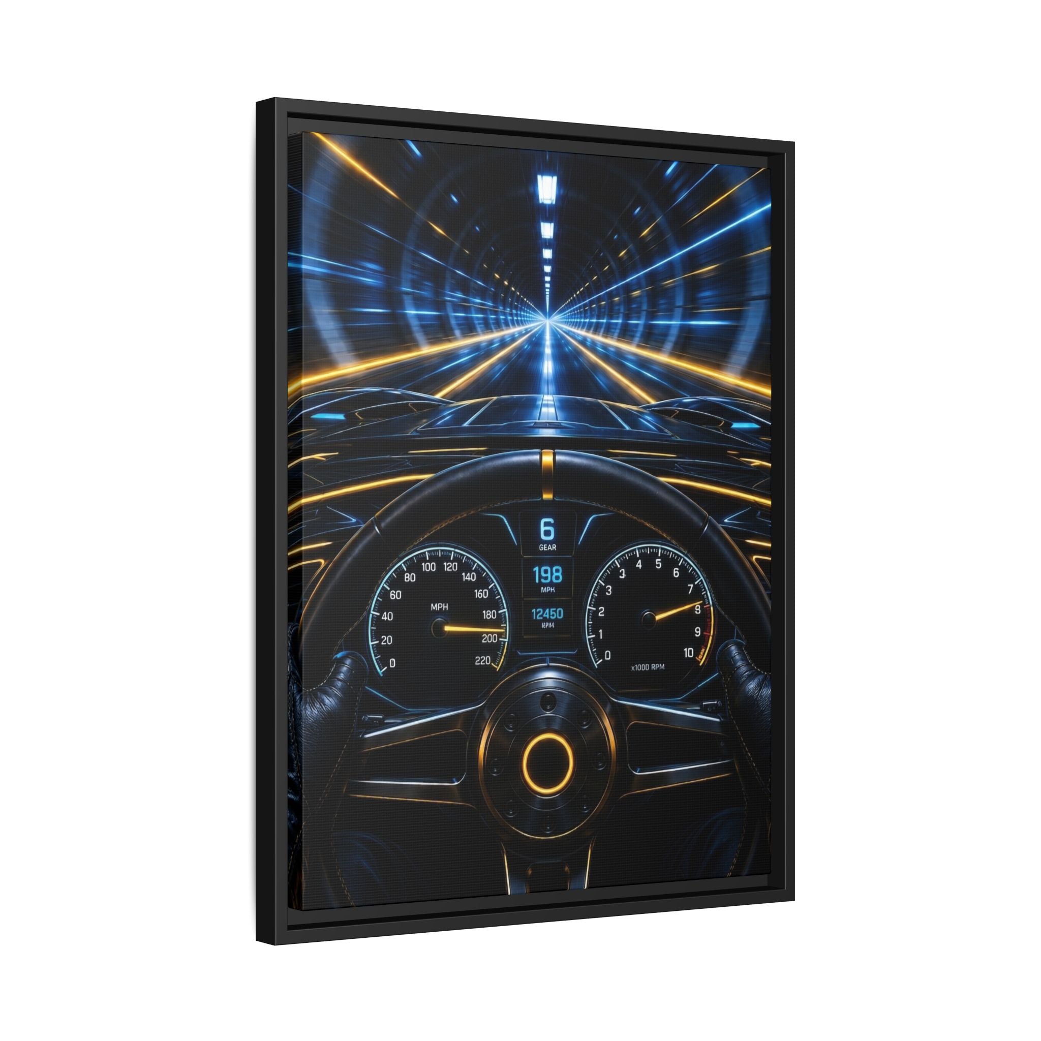 Tunnel Drive Framed Canvas Print — Retro Futuristic Car Dashboard Wall Art