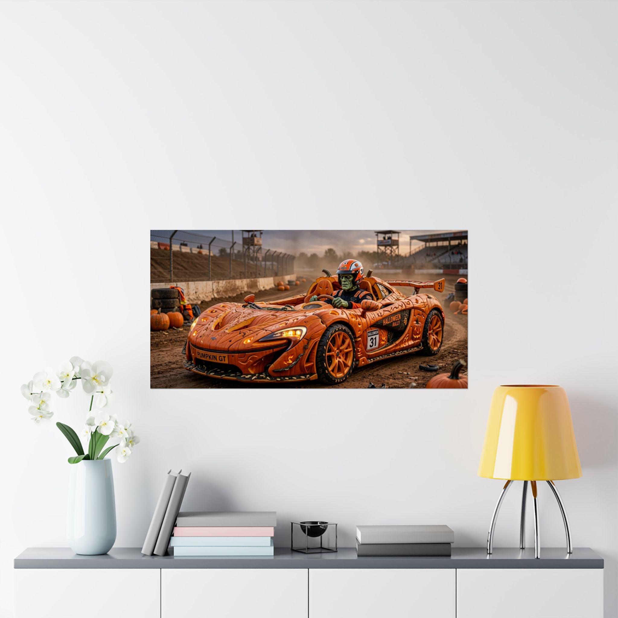 Halloween Race Car Poster — Orange Pumpkin Sports Car Matte Horizontal Print