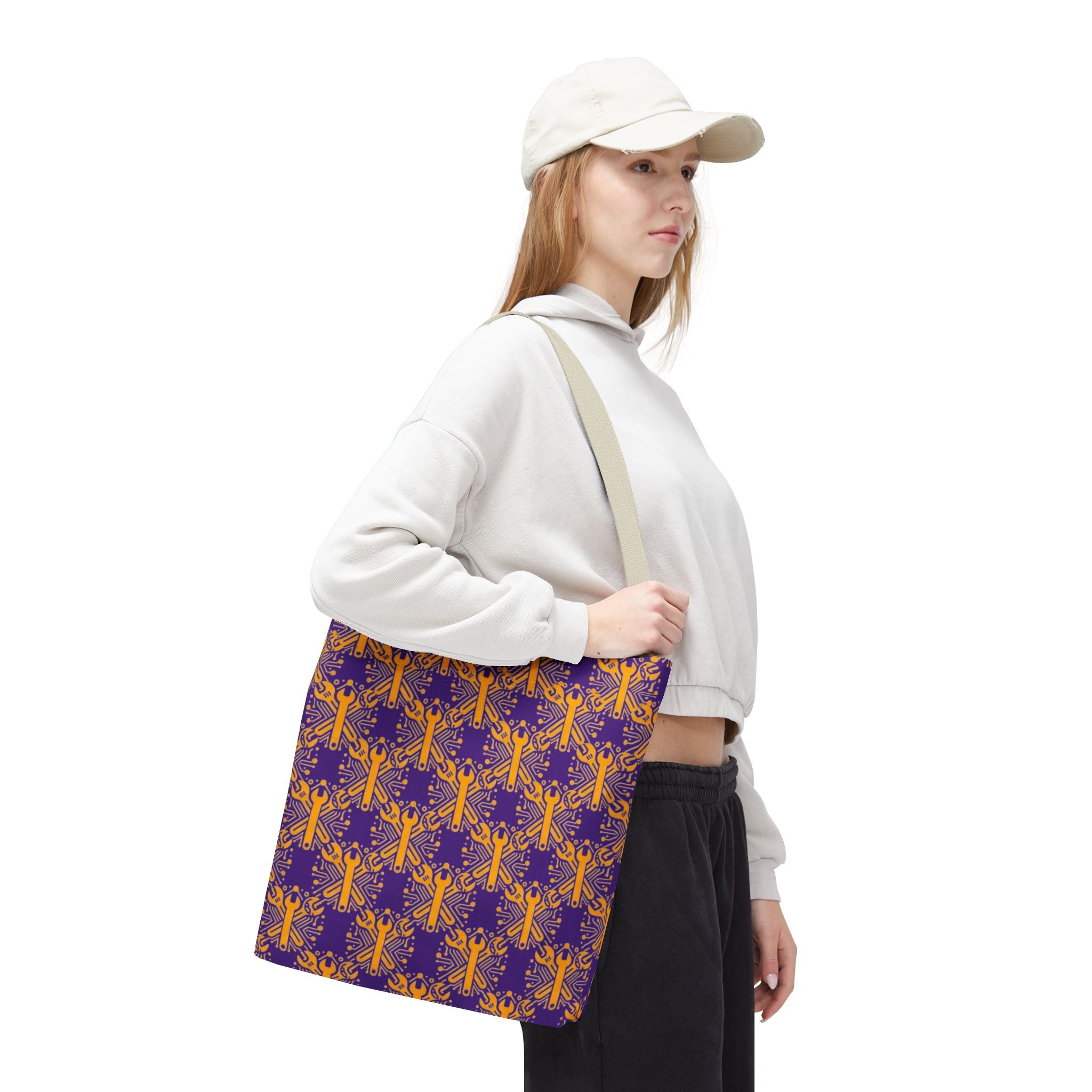Purple & Gold Wrench Pattern Tote Bag – Automotive All-Over Print Tote
