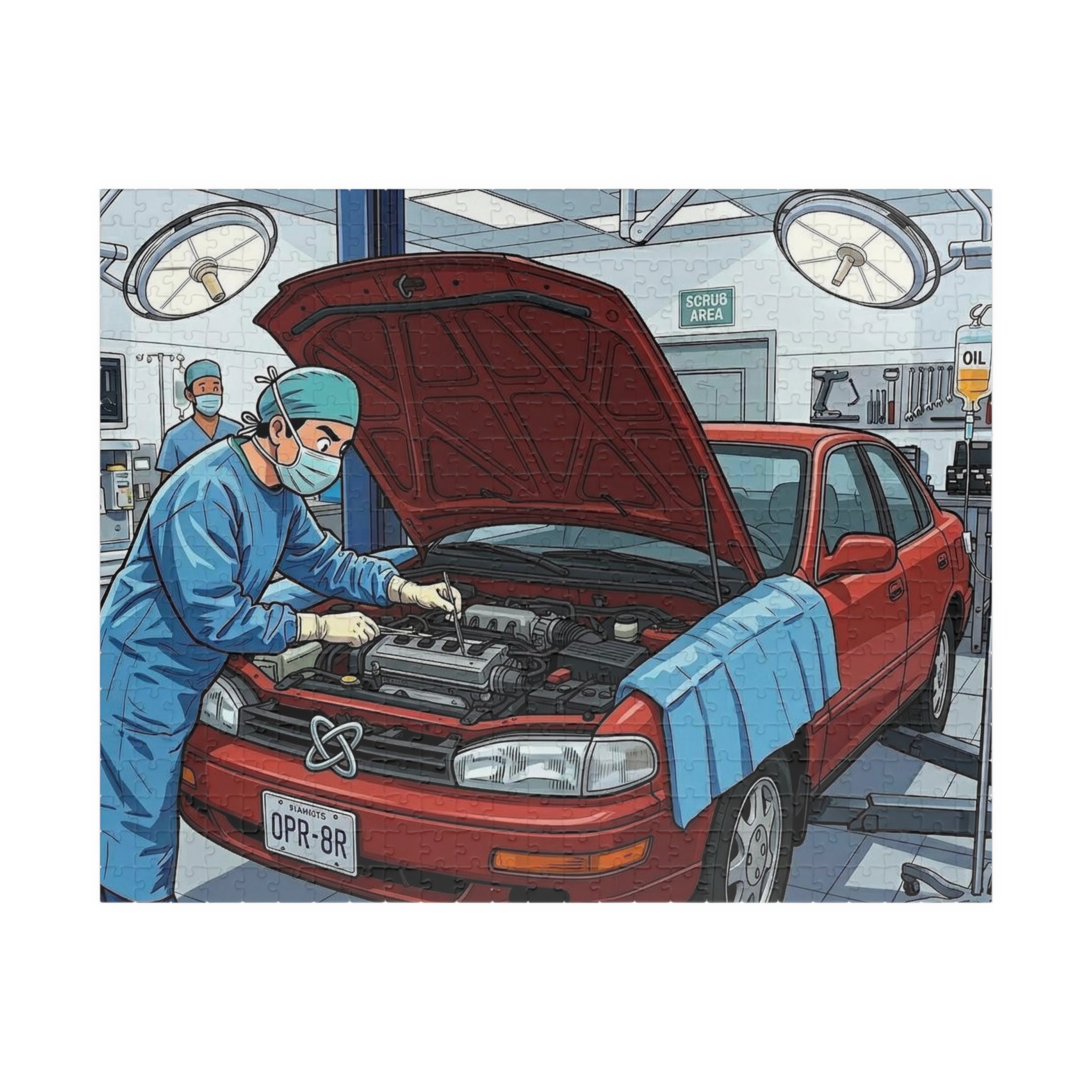 Car Surgery Operation Puzzle — Automotive Repair Illustration Jigsaw (110/252/520/1014 pcs)