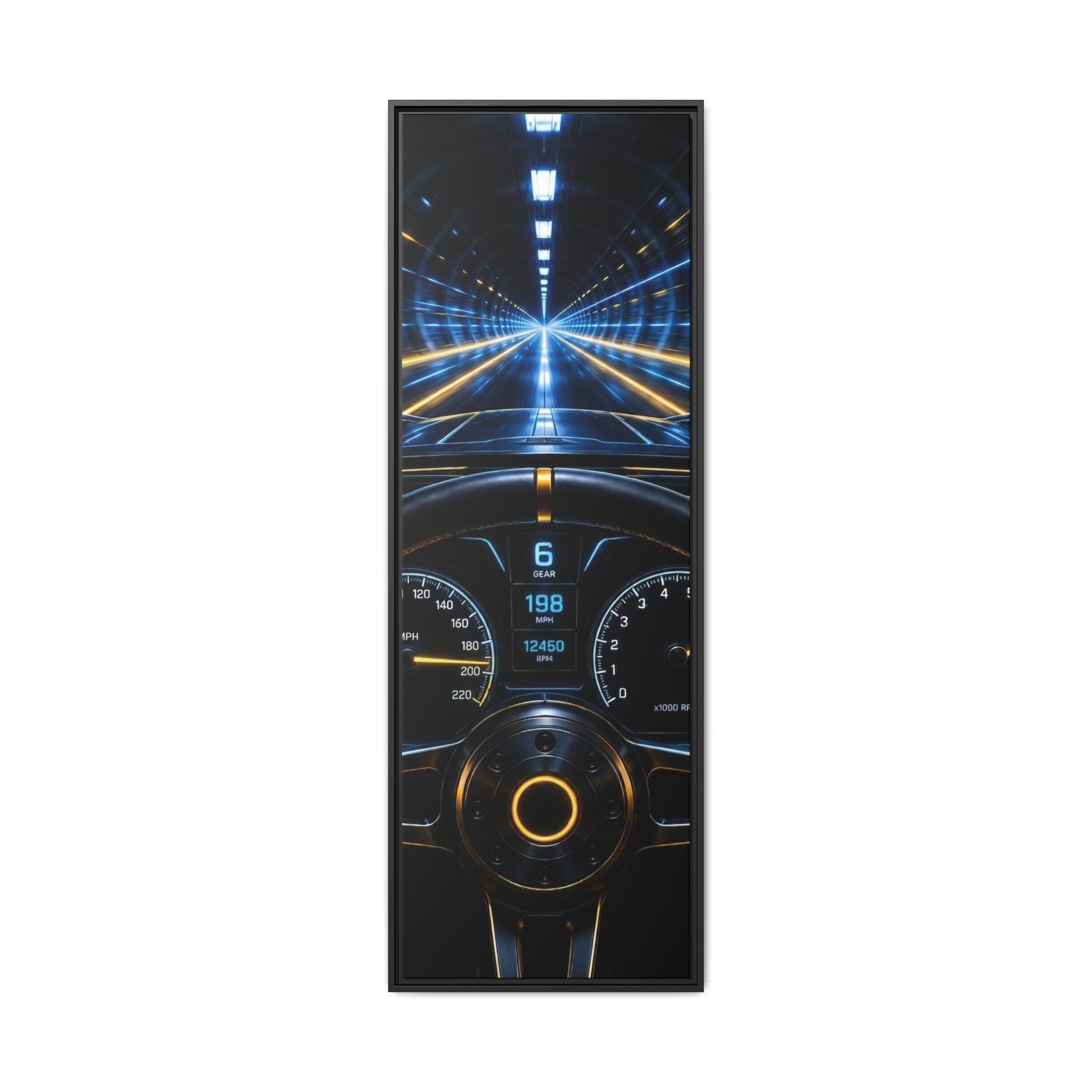 Tunnel Drive Framed Canvas Print — Retro Futuristic Car Dashboard Wall Art