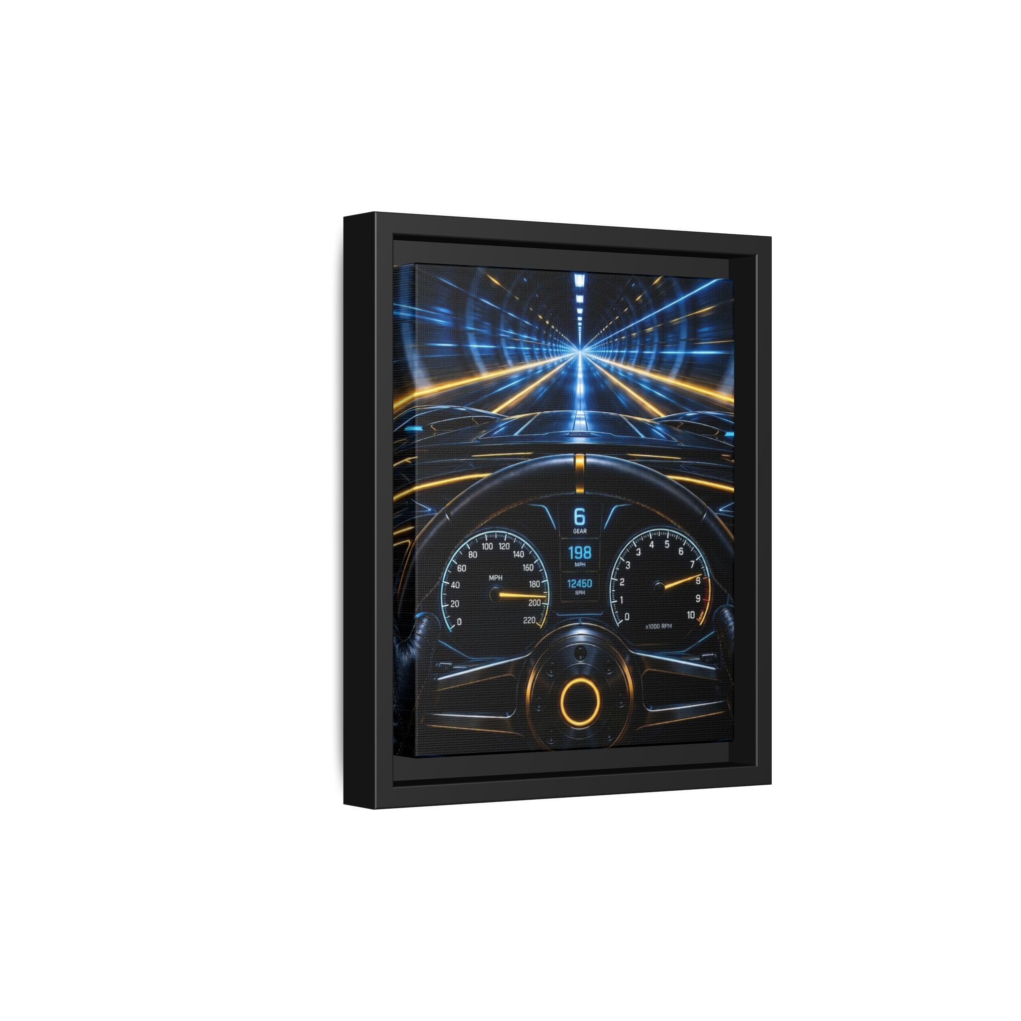 Tunnel Drive Framed Canvas Print — Retro Futuristic Car Dashboard Wall Art