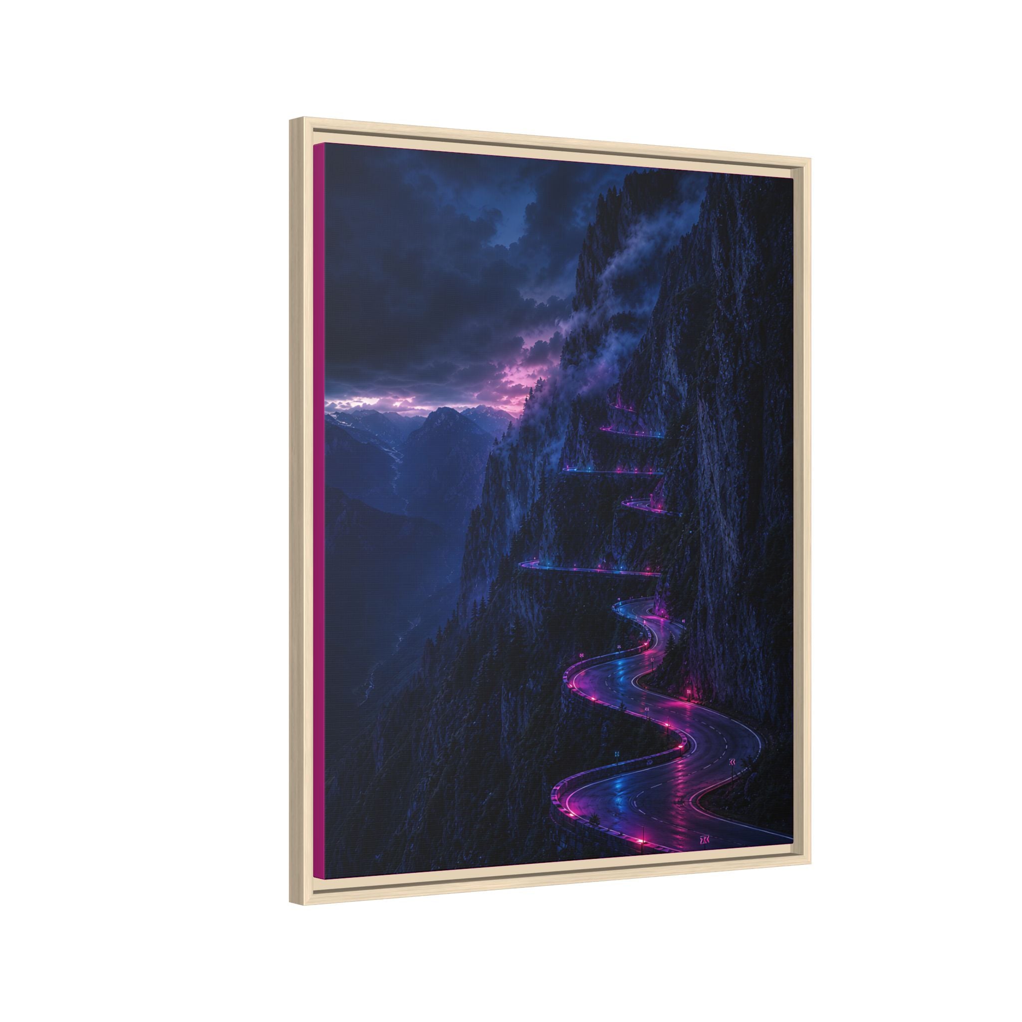 Neon Mountain Road Matte Canvas Print — Framed Nightscape Wall Art