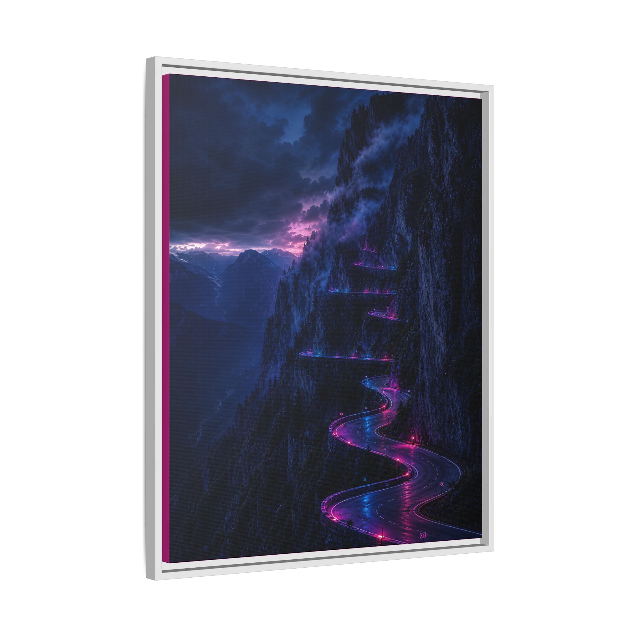 Neon Mountain Road Matte Canvas Print — Framed Nightscape Wall Art