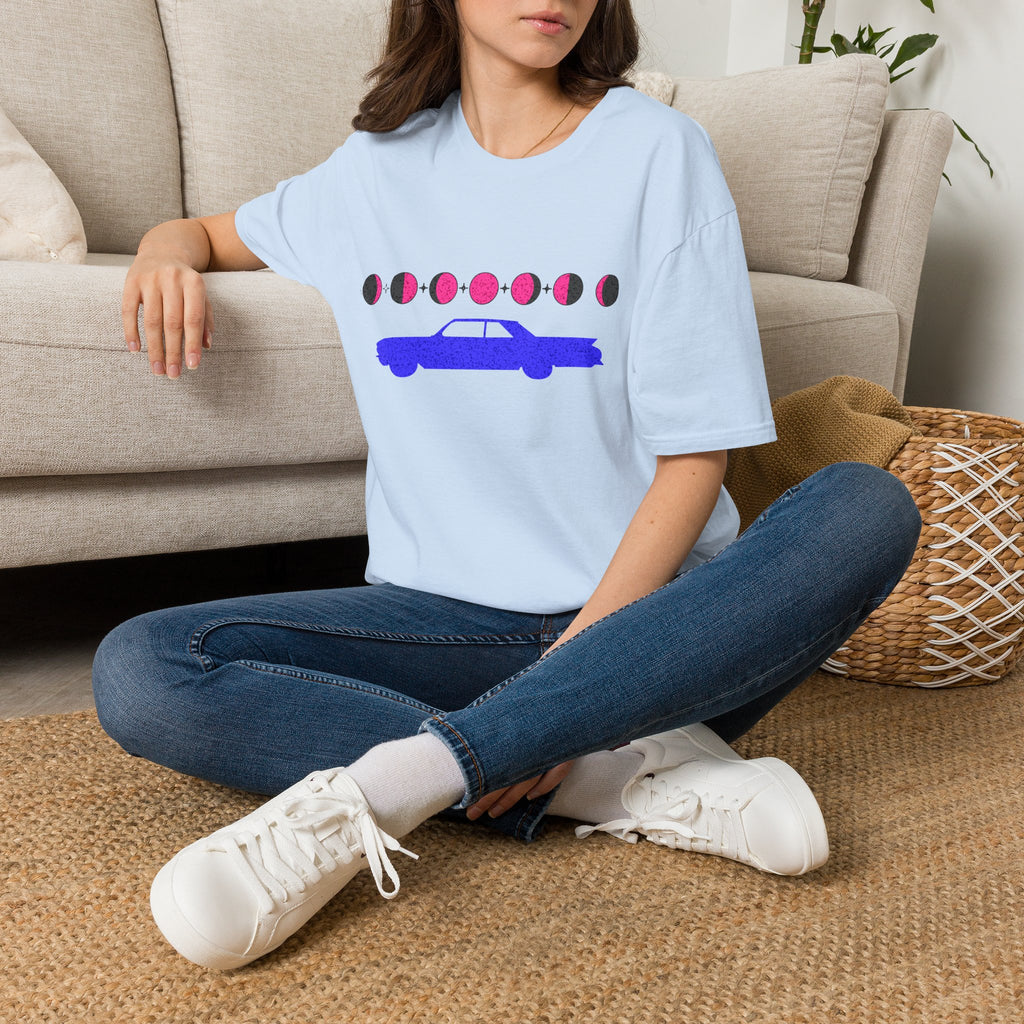 Retro Moon Phase Car T‑Shirt — Blue Classic Car with Pink Moon Phases