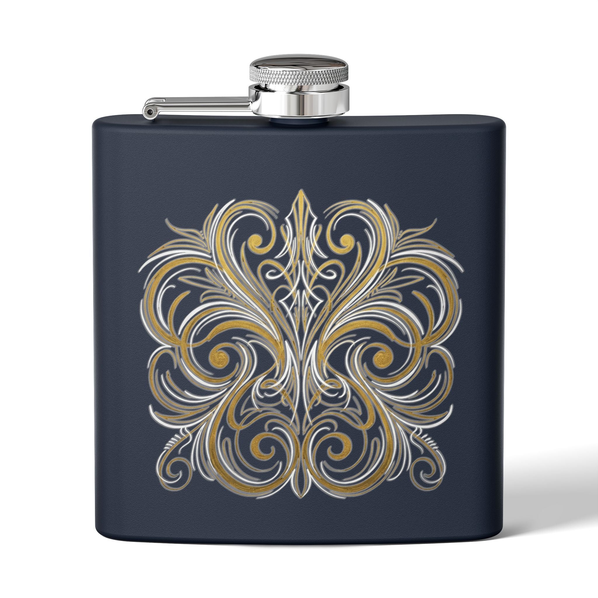 Gold Filigree 6oz Stainless Steel Flask — Vintage Pinstripe Pocket Hip Flask