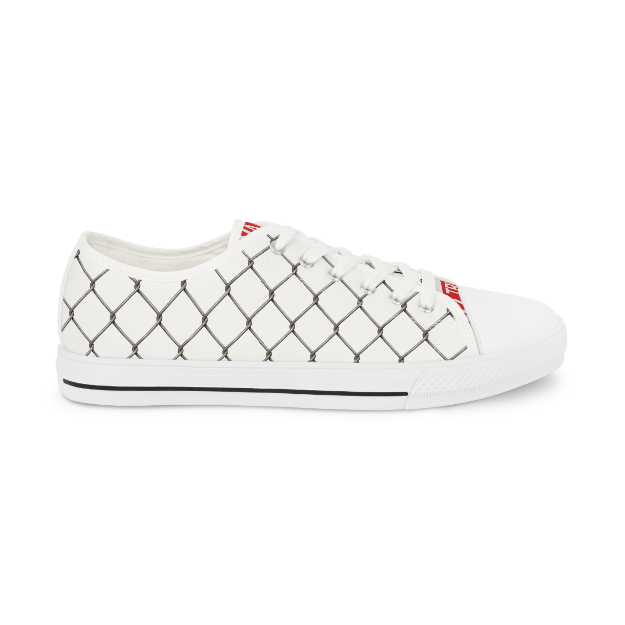 Men's Low Top Sneakers — White Canvas Chain-Link Pattern with 'Surveillance' Tongue