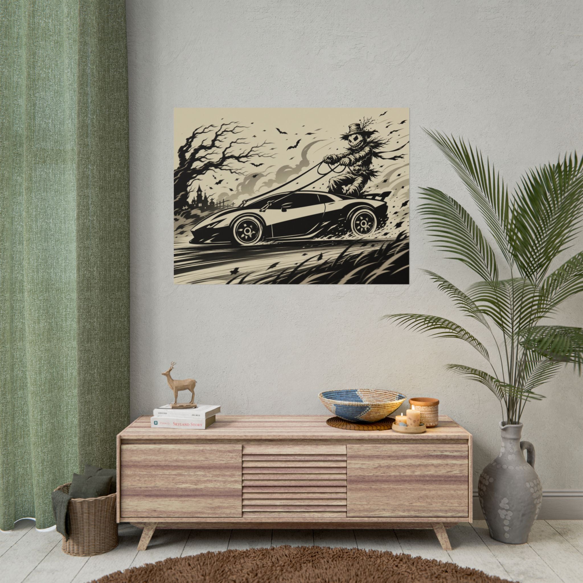Poster - Scarecrow Driving Sports Car Vintage Halloween Art Print