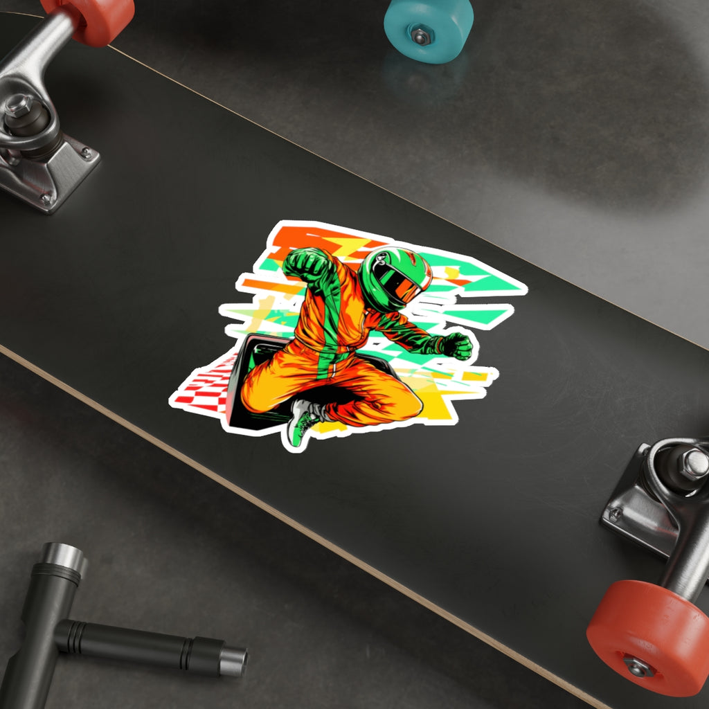 Racing Driver Die-Cut Sticker — Neon Moto Helmet Sticker for Laptops & Gear