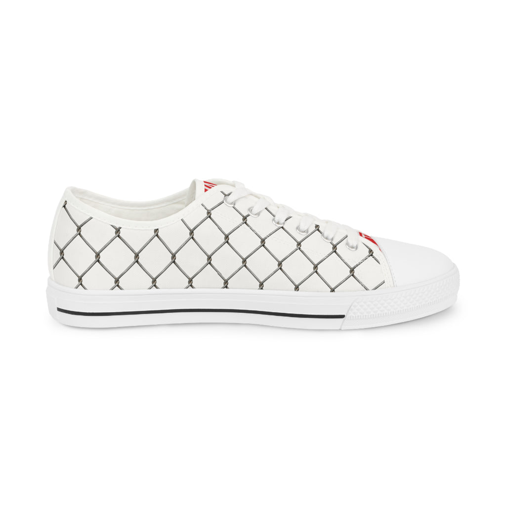 Men's Low Top Sneakers — White Canvas Chain-Link Pattern with 'Surveillance' Tongue