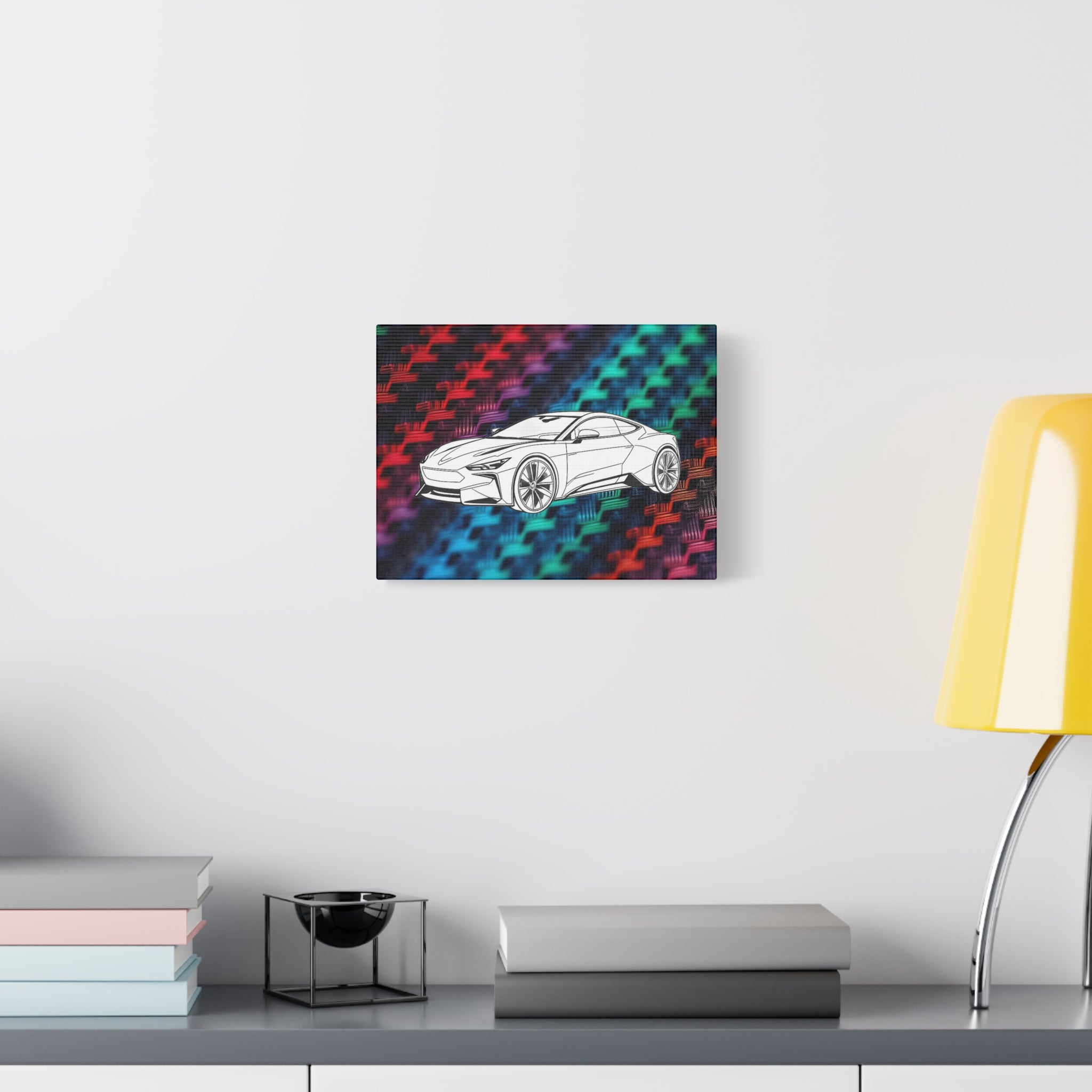Modern Sports Car Canvas Wall Art – White Line Drawing on Rainbow Carbon Fiber Background