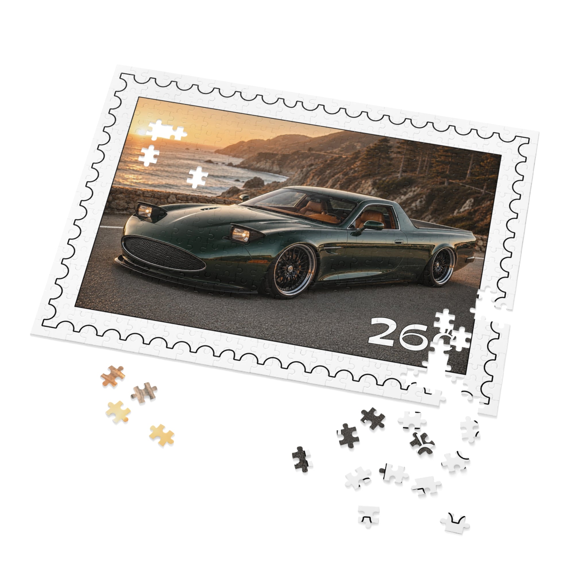 Sports Car Puzzle — Coastal Sunset 26 Stamp Design (Jigsaw with Tin)