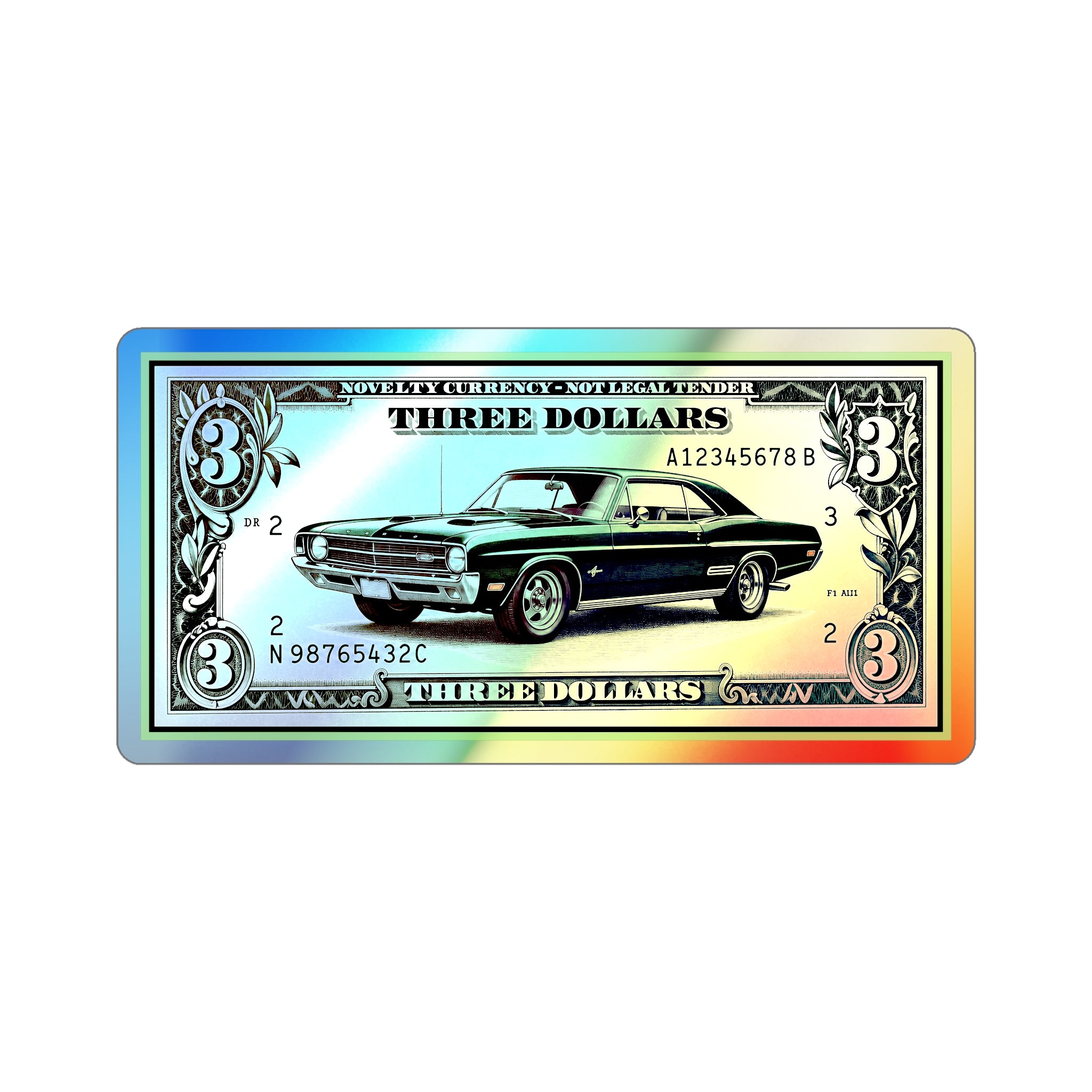 Holographic Classic Car Dollar Sticker — Die-Cut Three Dollar Bill