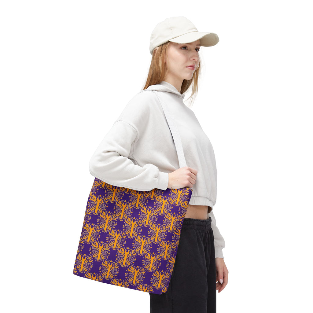 Purple & Gold Wrench Pattern Tote Bag – Automotive All-Over Print Tote