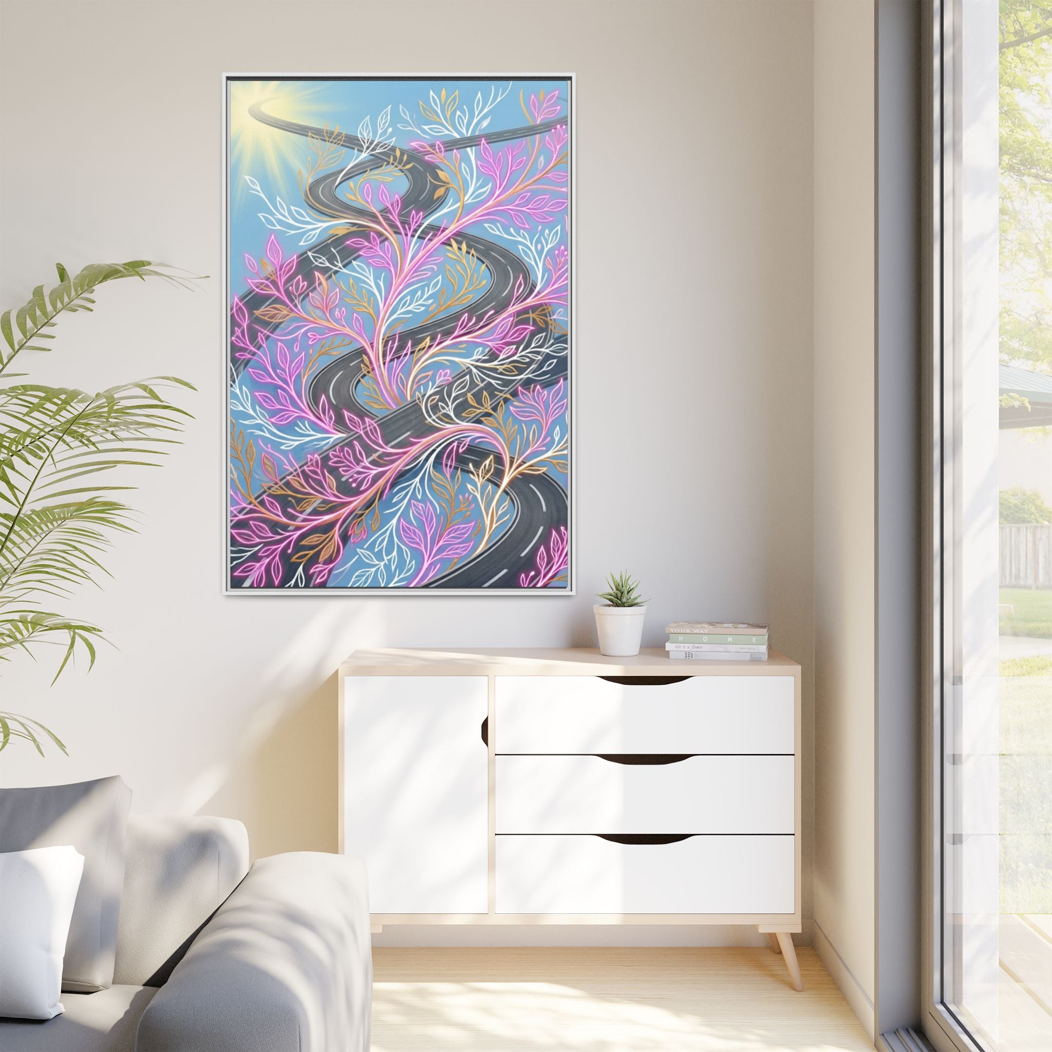 Framed Matte Canvas Floral Vines Wall Art — Pastel Botanical Abstract