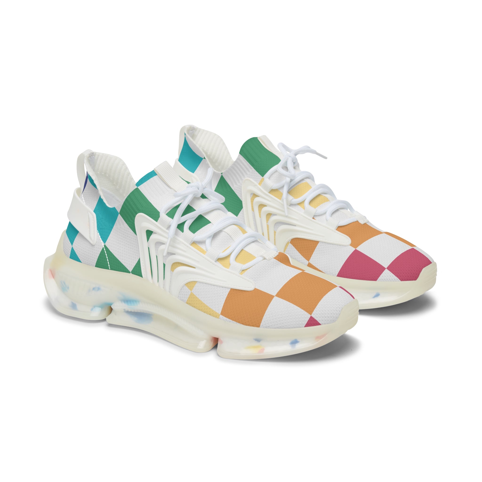 Checkerboard Racing Mesh Sneakers — Women's Colorblock Athletic Shoes