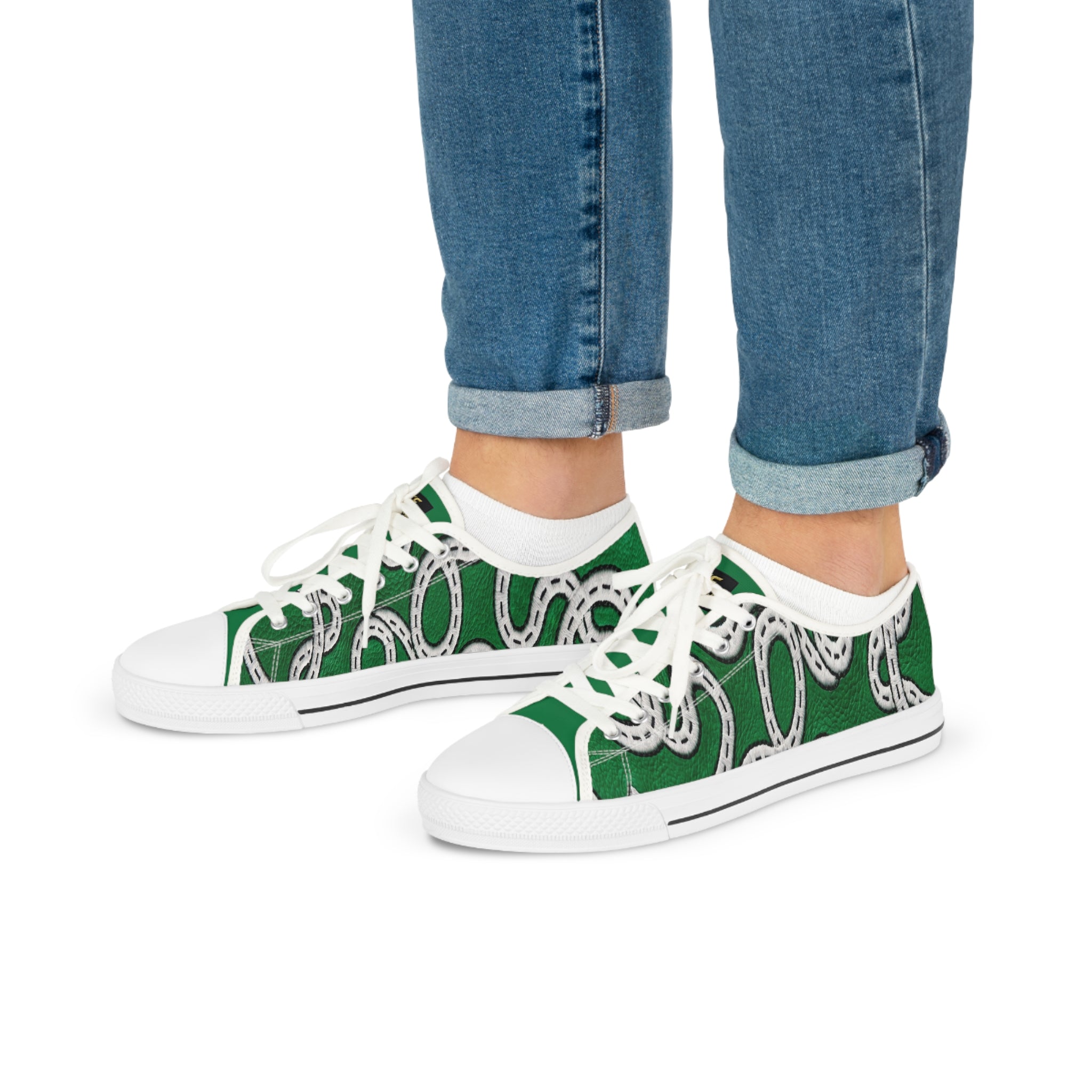 Road Design Canvas Shoes on Green Leather Print.