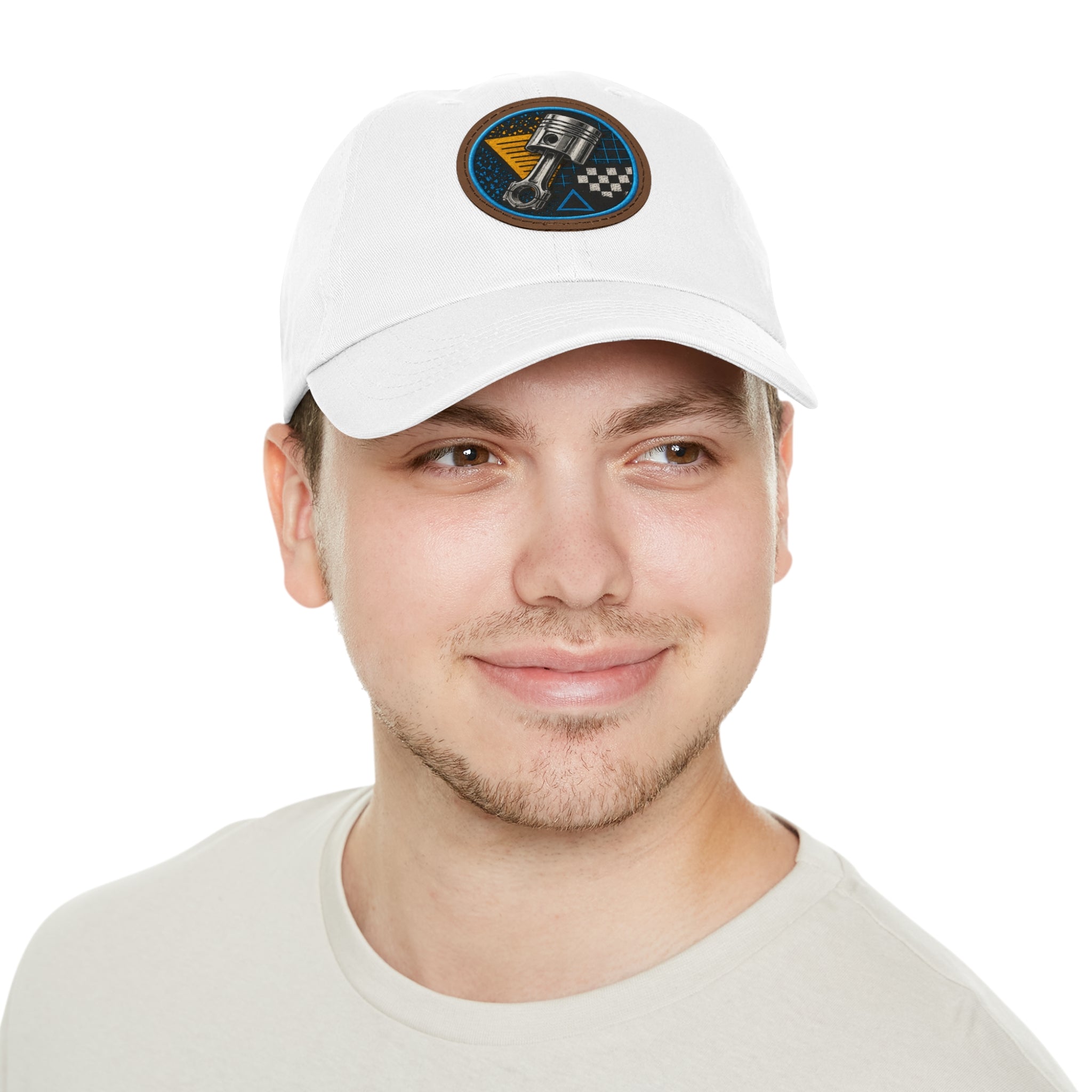 Racing Piston Patch Dad Hat — Vintage Motorhead Leather Patch Cap