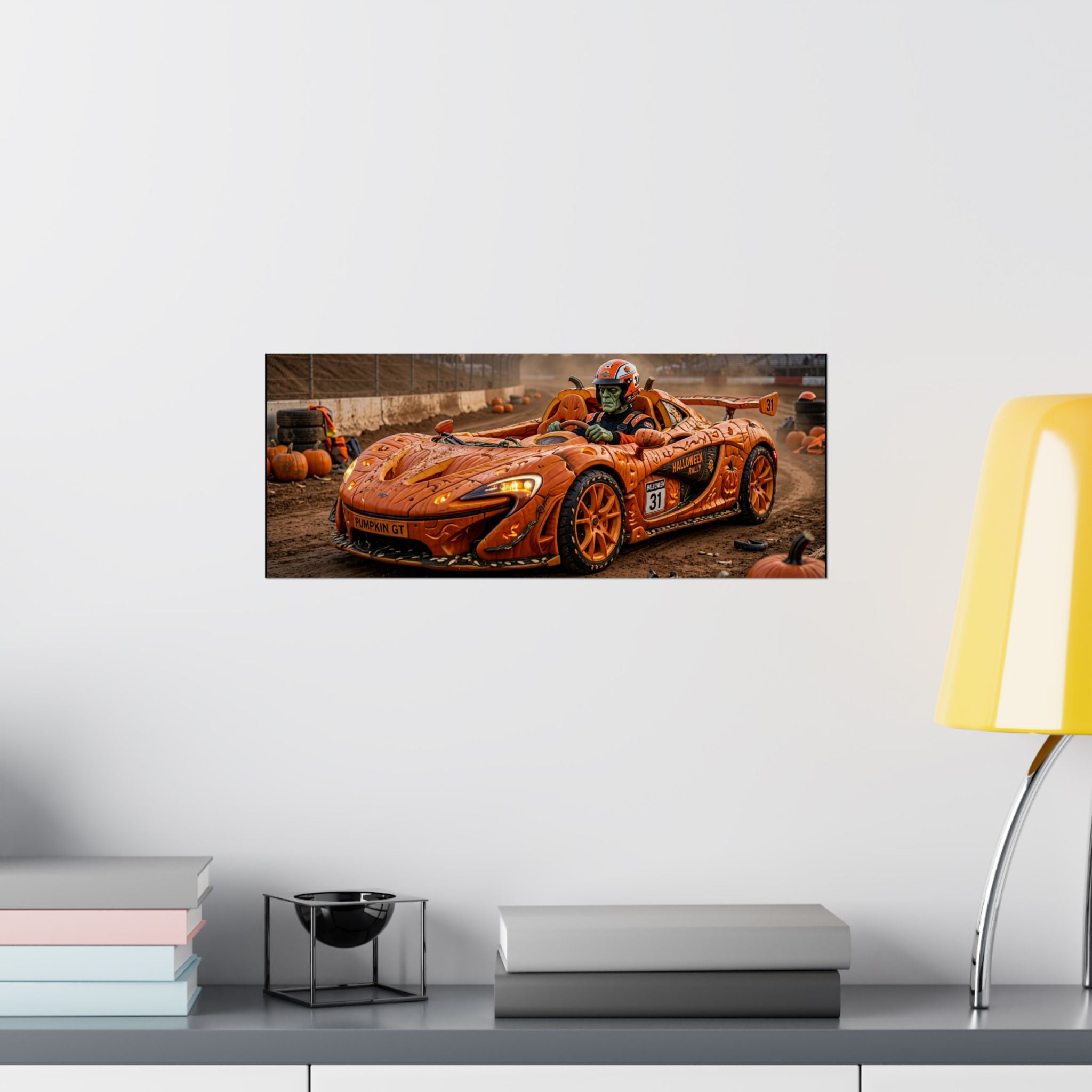 Halloween Race Car Poster — Orange Pumpkin Sports Car Matte Horizontal Print