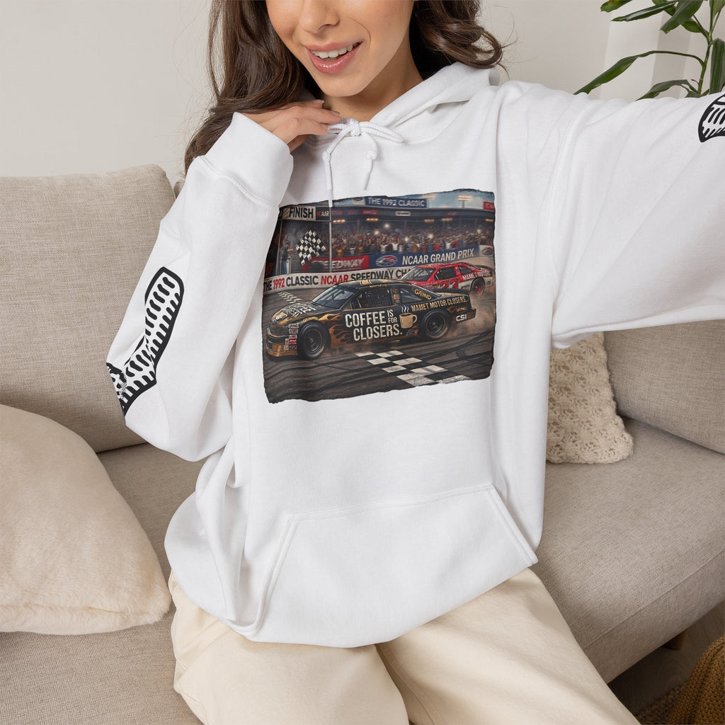 Racing Garage Hooded Sweatshirt — Vintage Racecar Track Scene