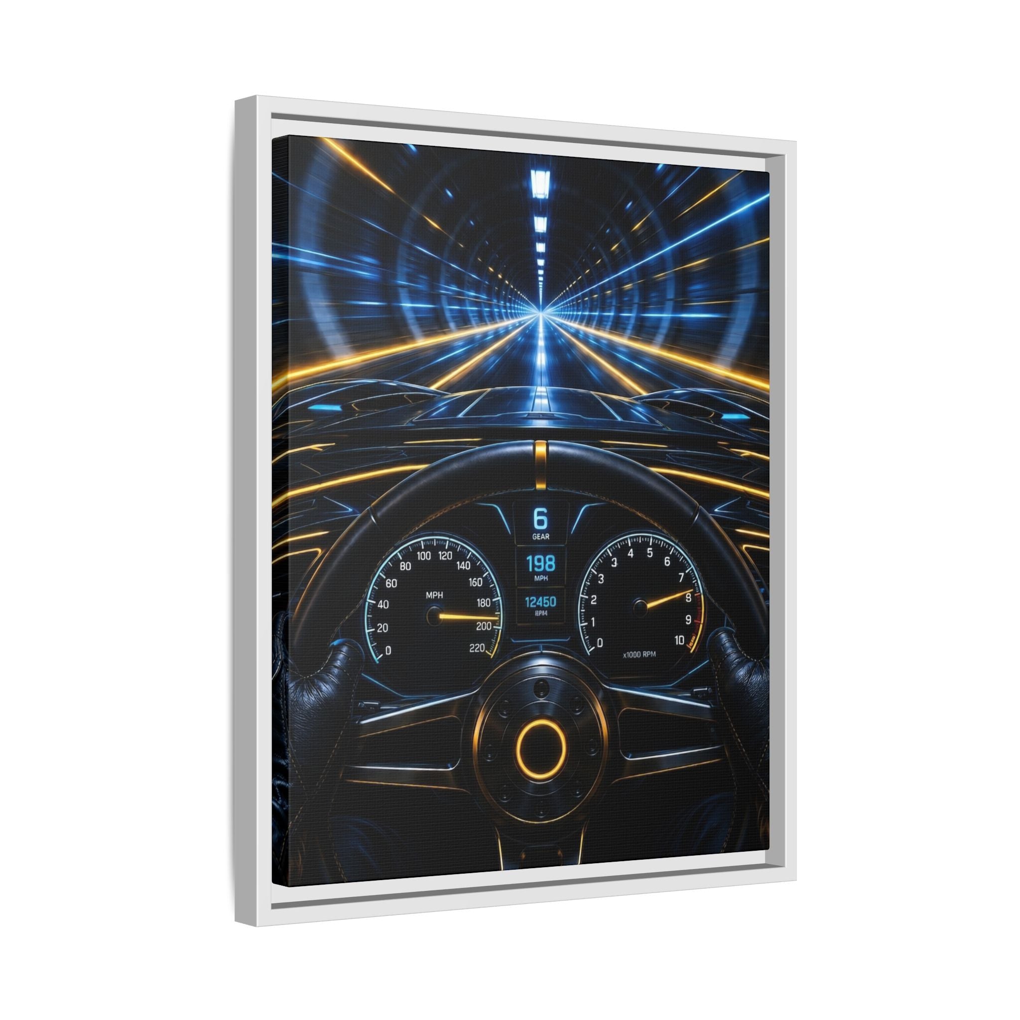 Tunnel Drive Framed Canvas Print — Retro Futuristic Car Dashboard Wall Art