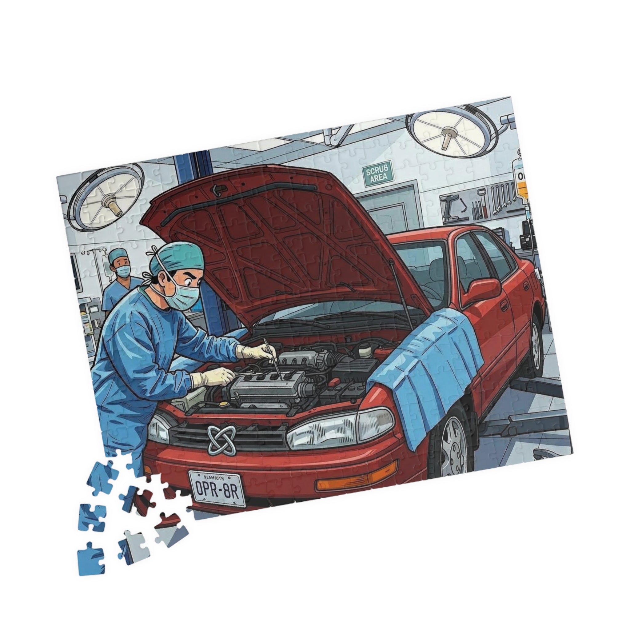 Car Surgery Operation Puzzle — Automotive Repair Illustration Jigsaw (110/252/520/1014 pcs)