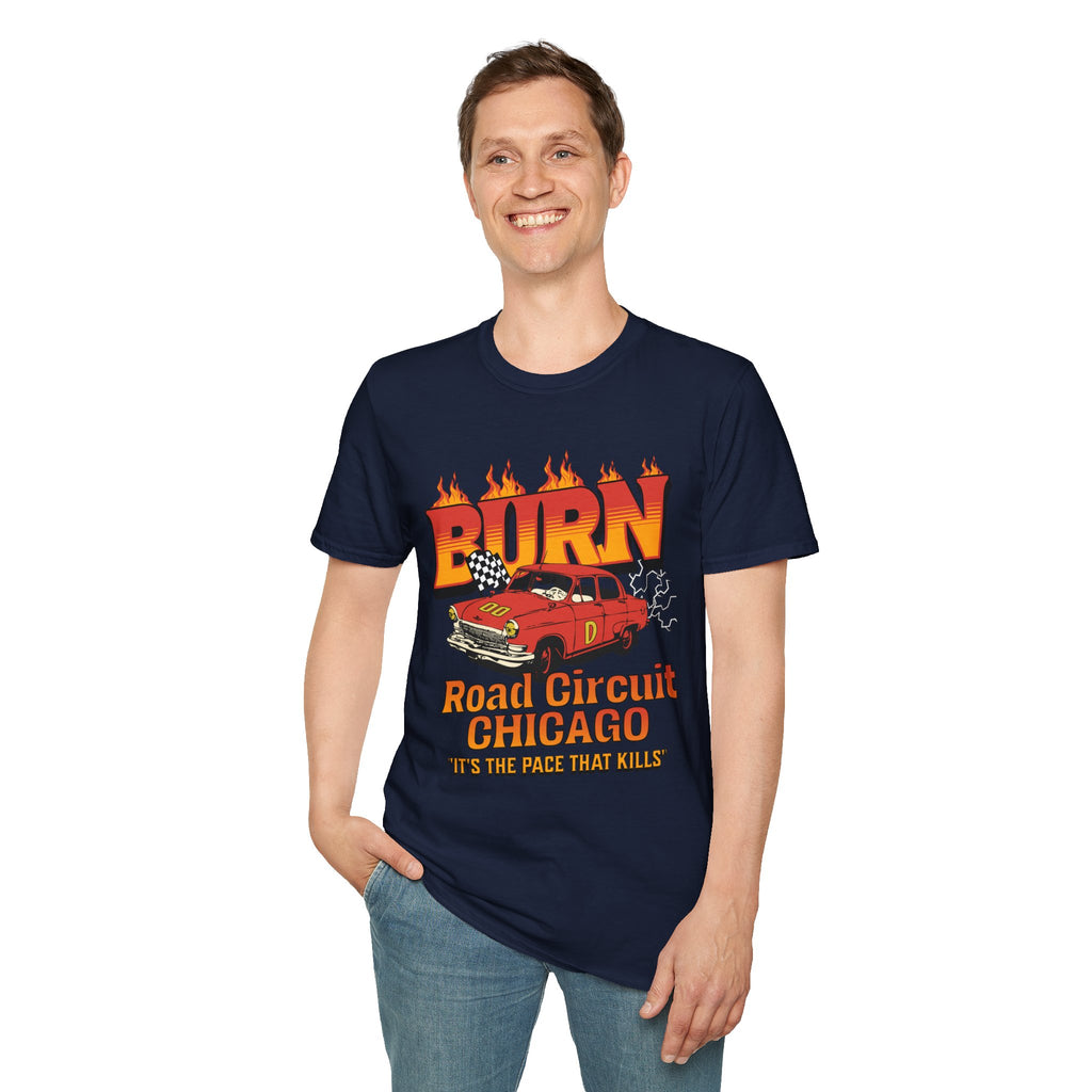 Racing 'BURN' Graphic Tee — Retro Flaming Racecar Chicago Track Shirt