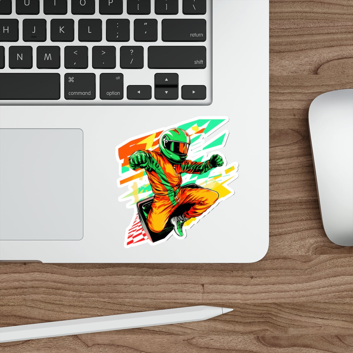 Racing Driver Die-Cut Sticker — Neon Moto Helmet Sticker for Laptops & Gear