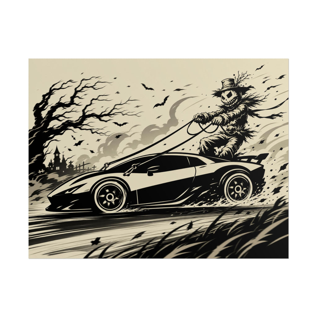 Poster - Scarecrow Driving Sports Car Vintage Halloween Art Print