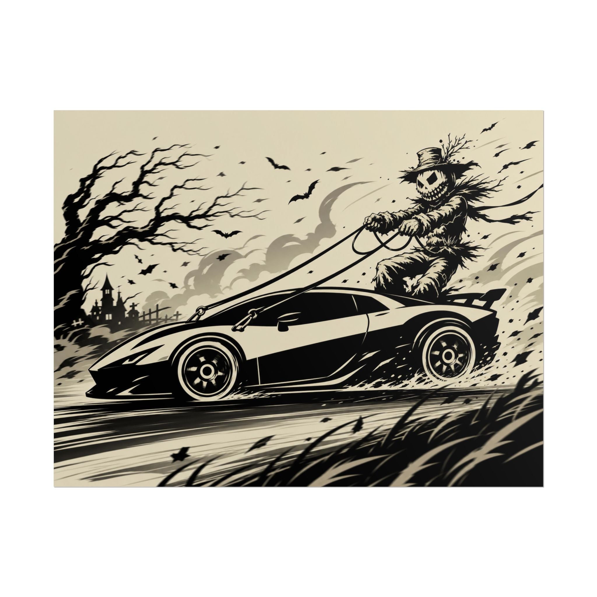 Poster - Scarecrow Driving Sports Car Vintage Halloween Art Print