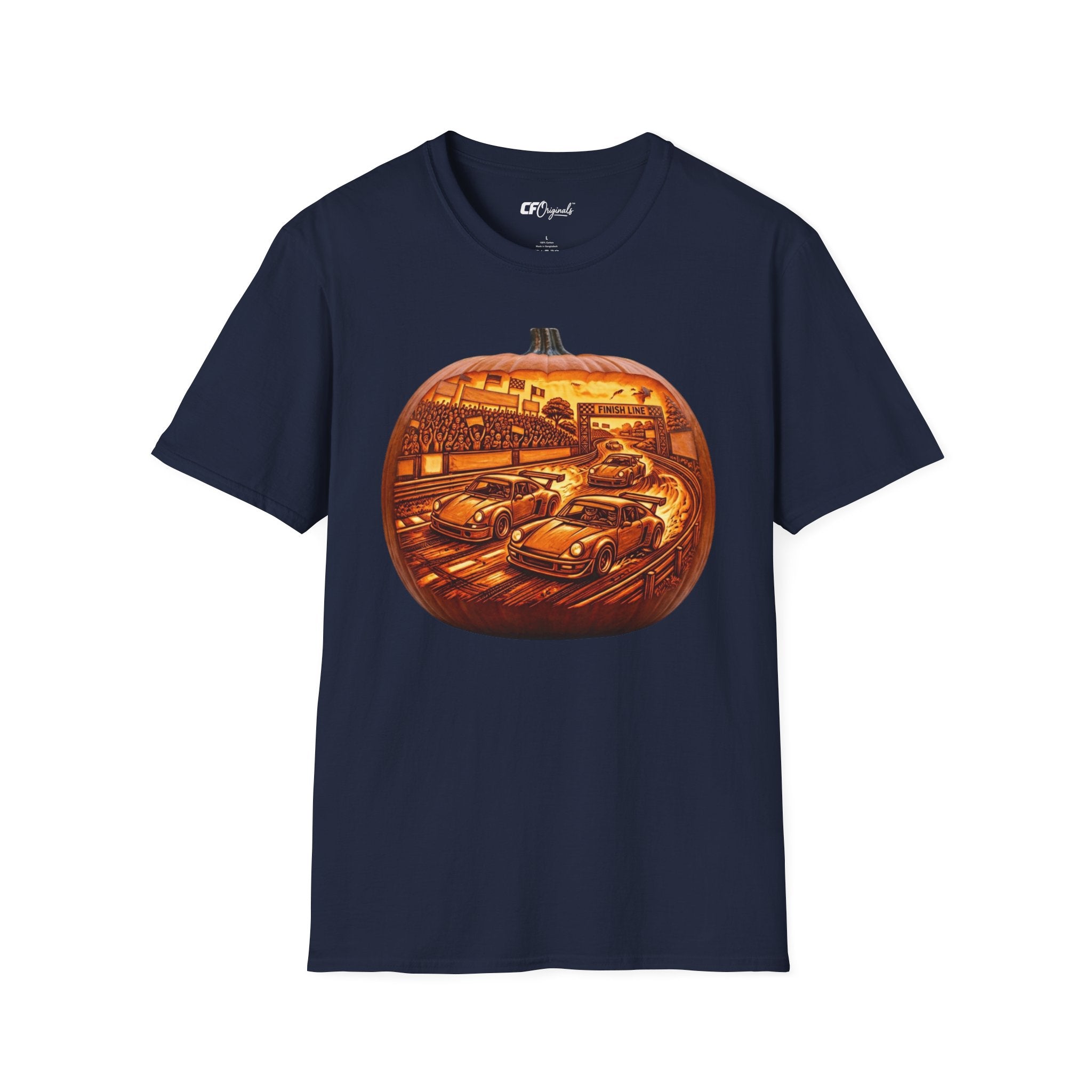 Vintage Racing Pumpkin T-Shirt — Retro Car Grand Prix Halloween Tee