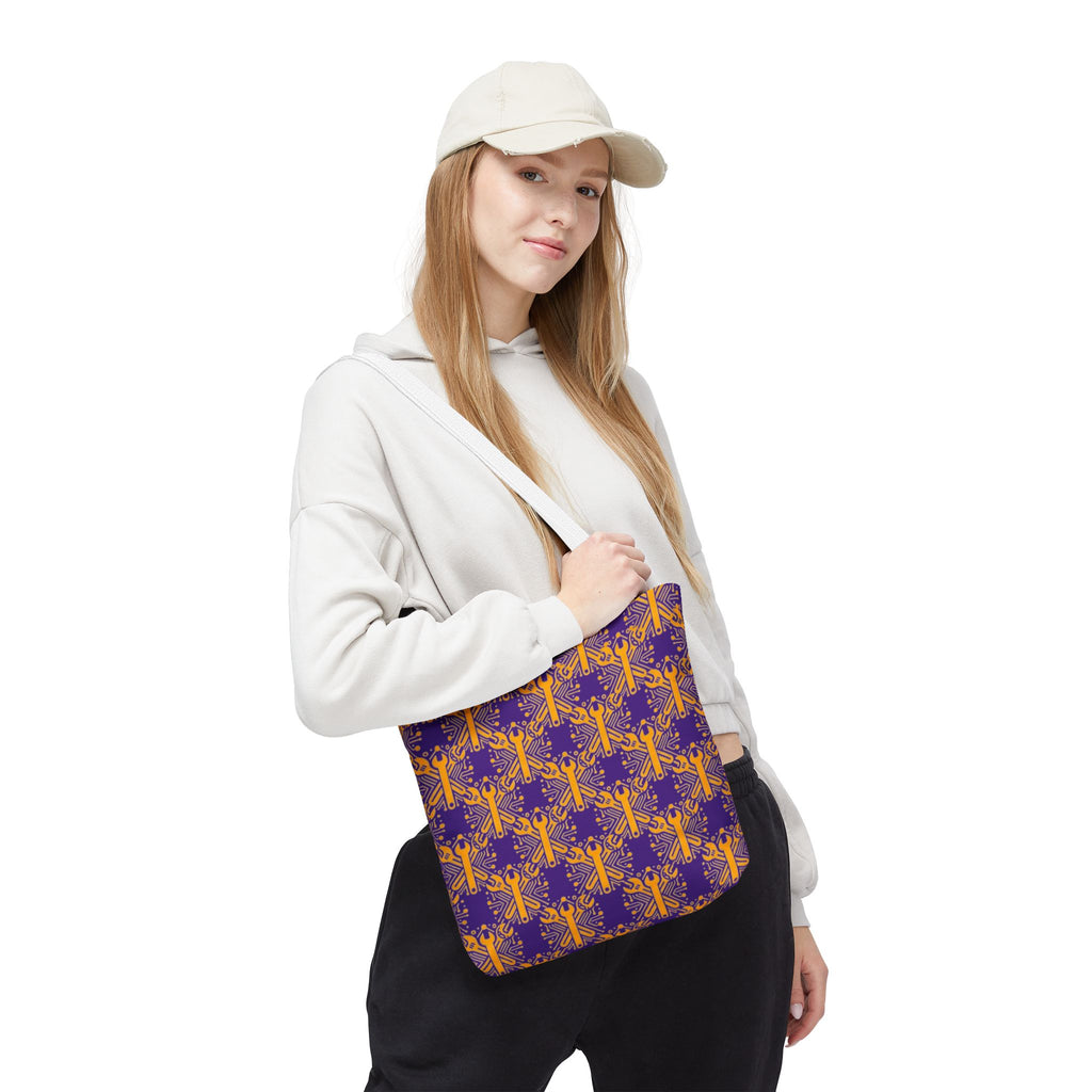 Purple & Gold Wrench Pattern Tote Bag – Automotive All-Over Print Tote