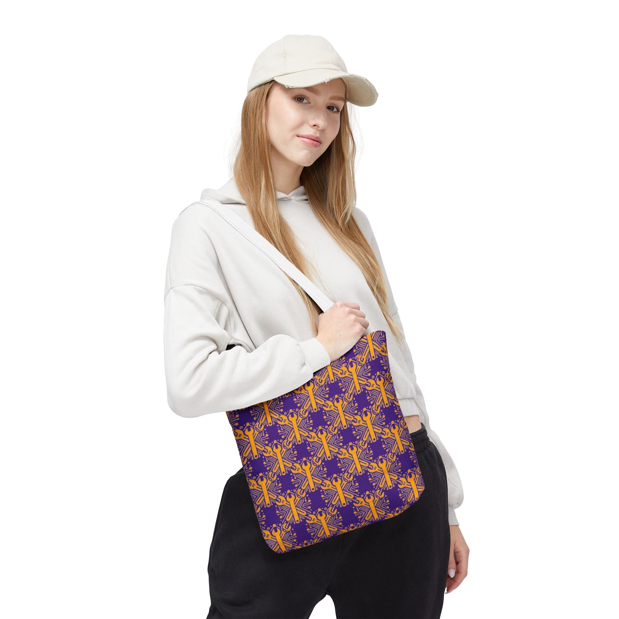 Purple & Gold Wrench Pattern Tote Bag – Automotive All-Over Print Tote