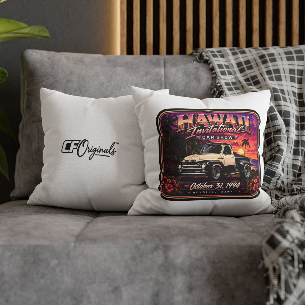 Hawaii Invitational Car Show Throw Pillow — Vintage Truck Sunset Design