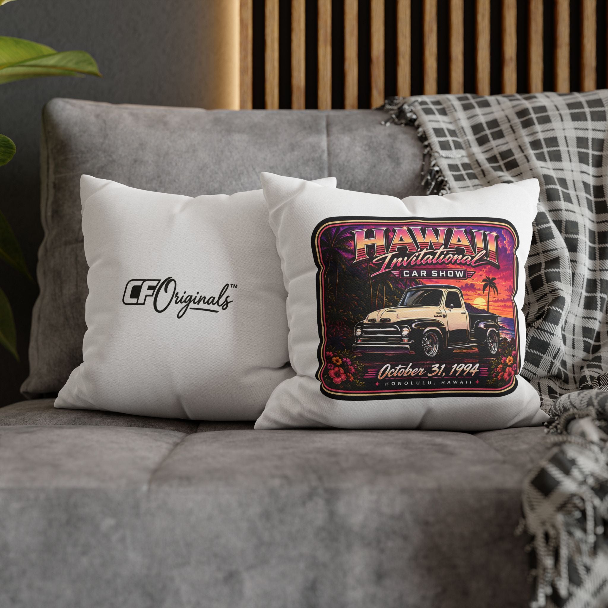 Hawaii Invitational Car Show Throw Pillow — Vintage Truck Sunset Design