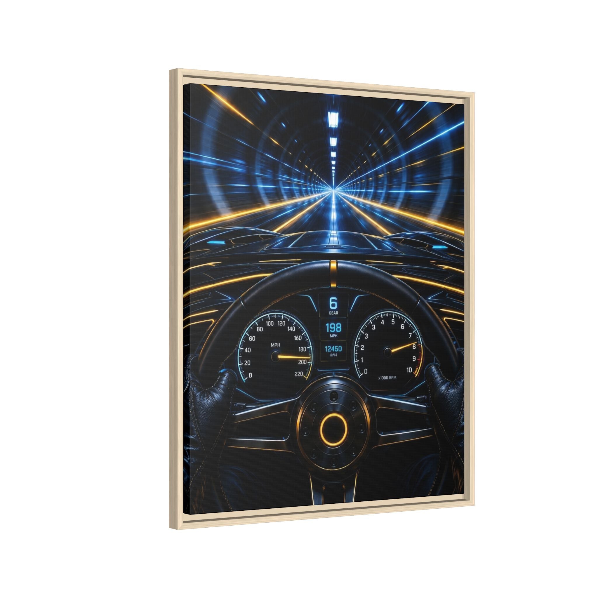 Tunnel Drive Framed Canvas Print — Retro Futuristic Car Dashboard Wall Art