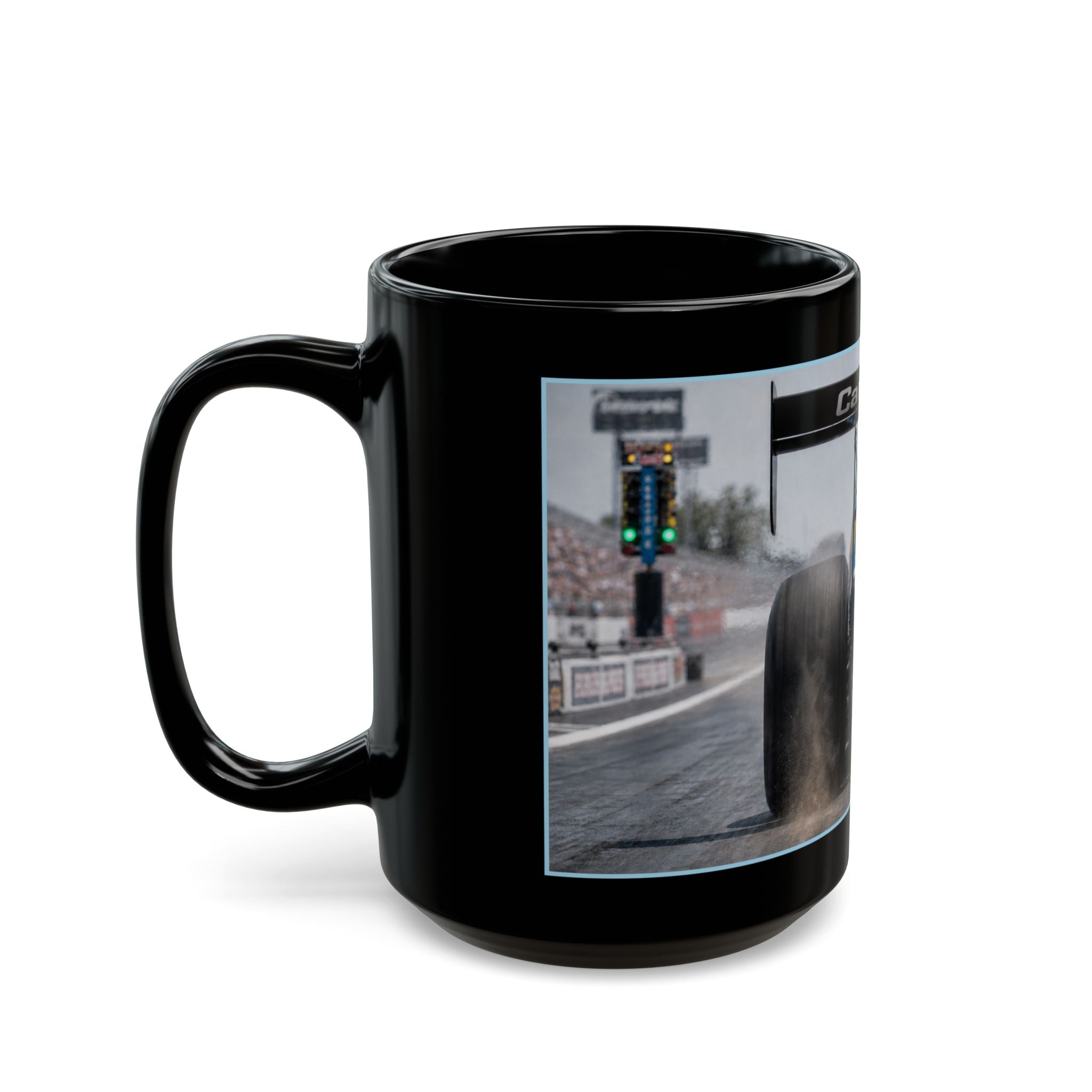 Dragster Racing Black Mug — High-Speed Drag Racing Photo Coffee Cup (11oz/15oz)