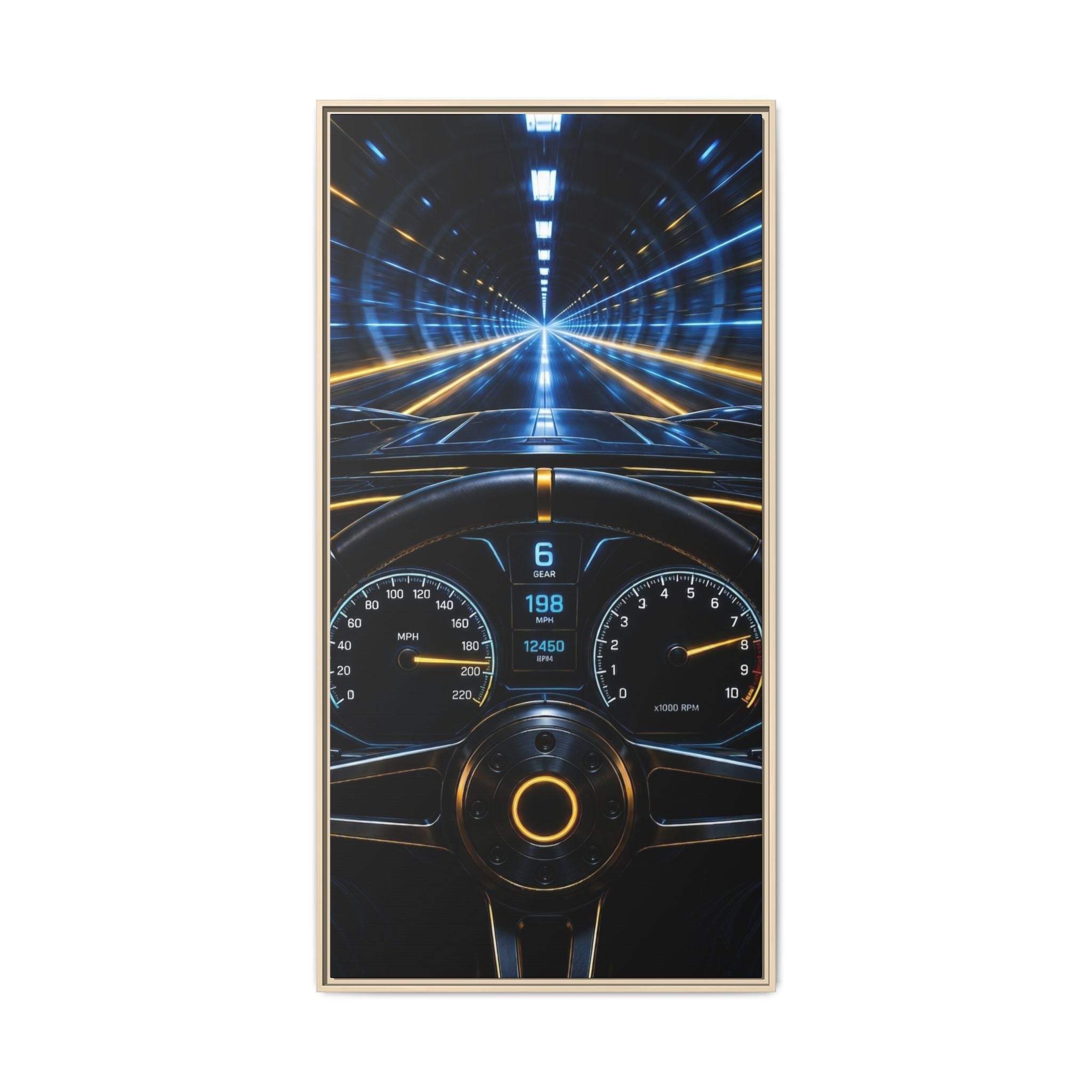Tunnel Drive Framed Canvas Print — Retro Futuristic Car Dashboard Wall Art