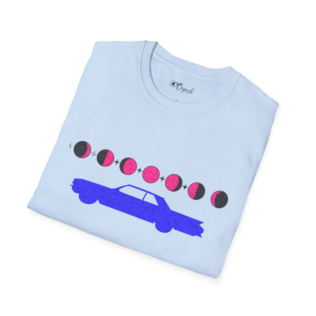 Retro Moon Phase Car T‑Shirt — Blue Classic Car with Pink Moon Phases