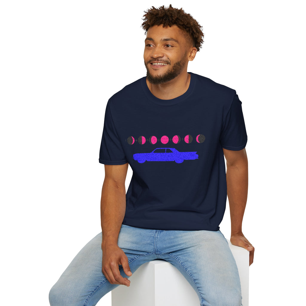Retro Moon Phase Car T‑Shirt — Blue Classic Car with Pink Moon Phases