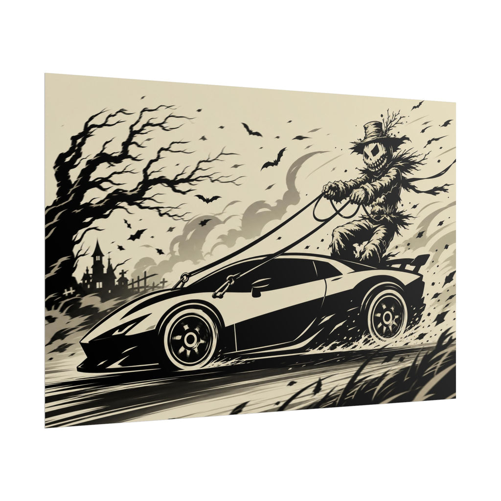 Poster - Scarecrow Driving Sports Car Vintage Halloween Art Print