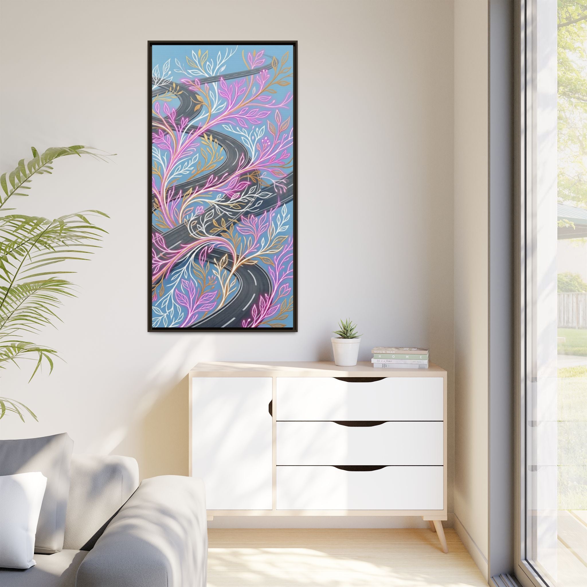 Framed Matte Canvas Floral Vines Wall Art — Pastel Botanical Abstract