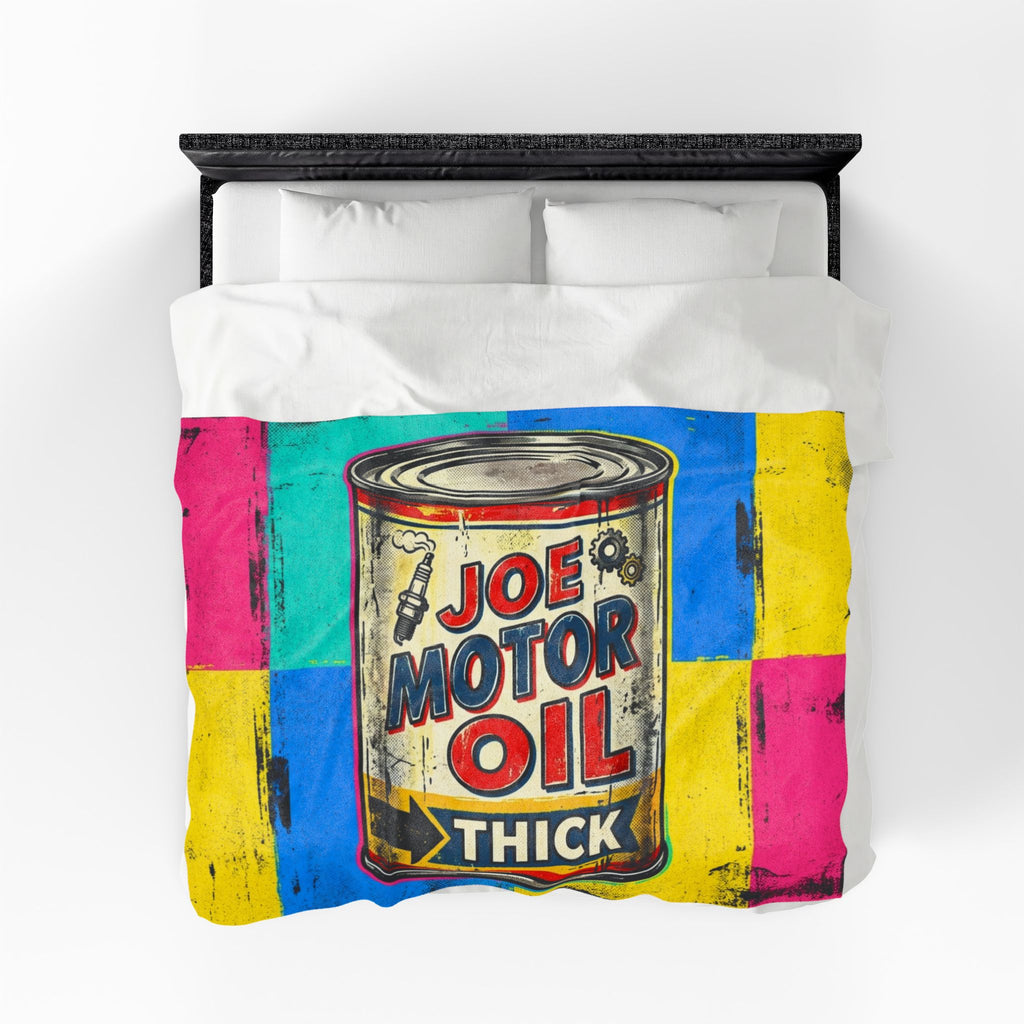 Pop Art Motor Oil Can Velveteen Plush Blanket — Retro Garage Throw