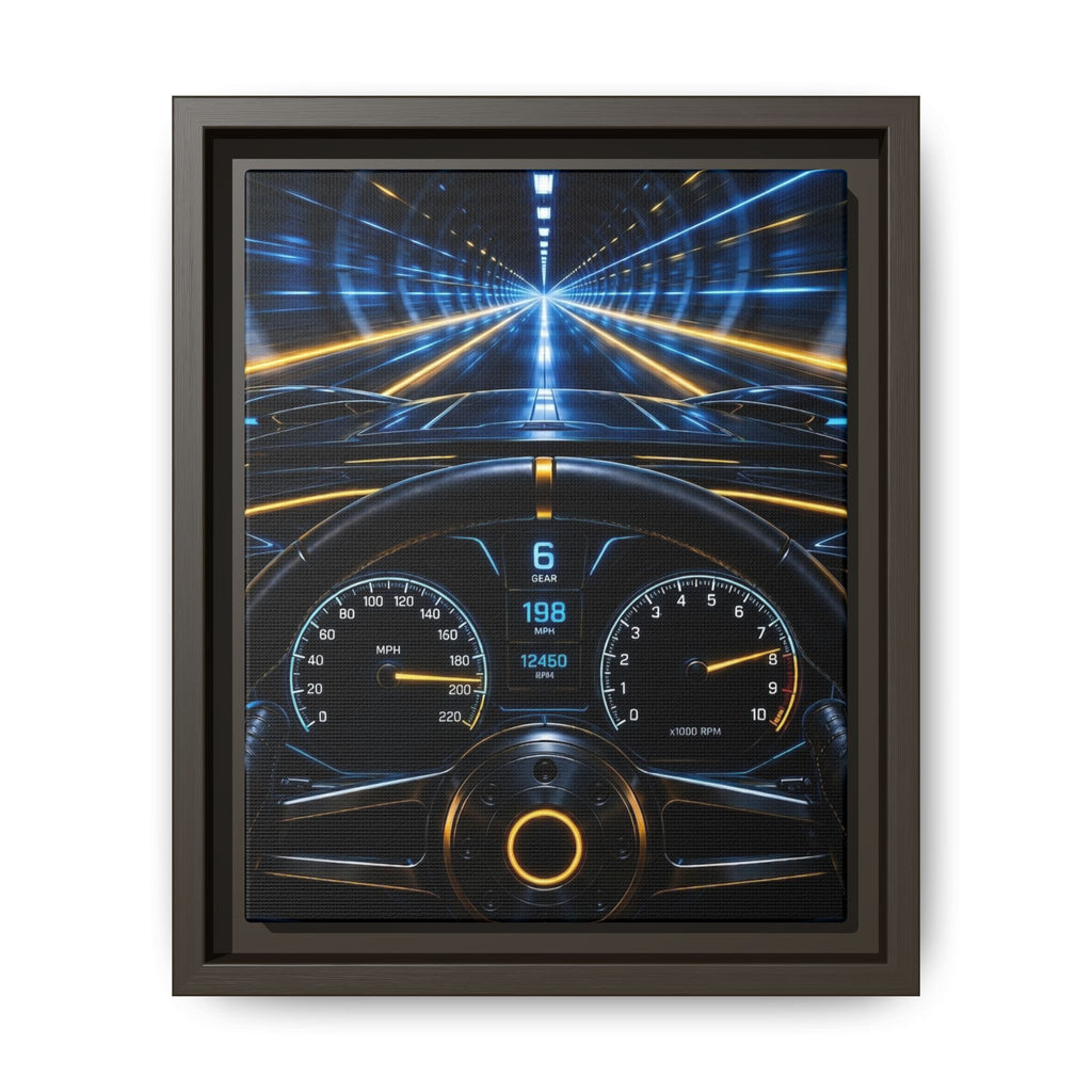Tunnel Drive Framed Canvas Print — Retro Futuristic Car Dashboard Wall Art