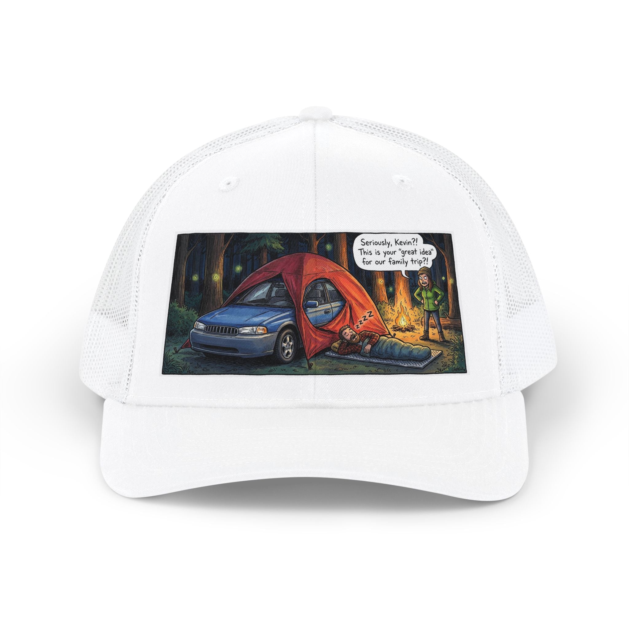 Camping Humor Snapback Trucker Hat — Car Tent Cartoon