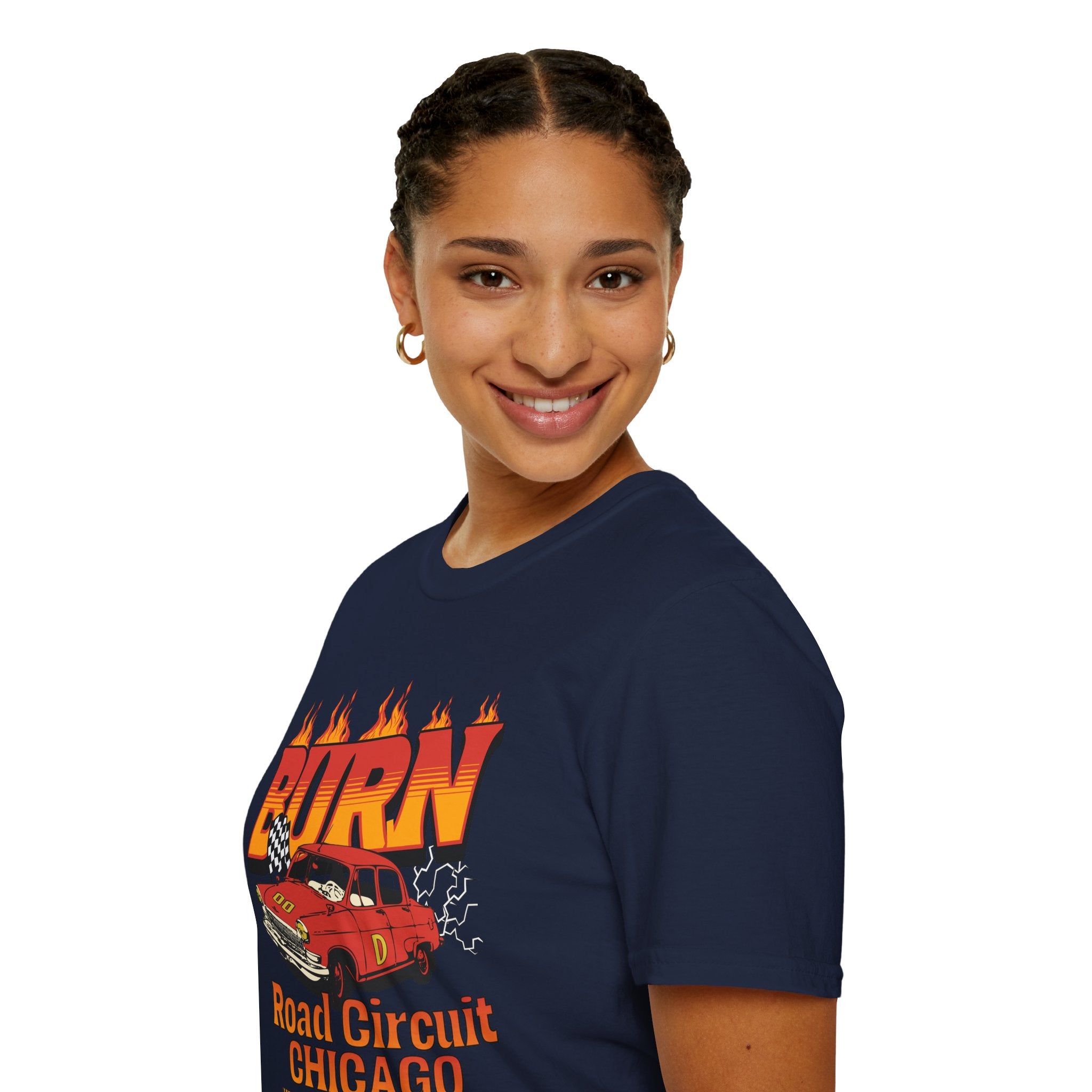 Racing 'BURN' Graphic Tee — Retro Flaming Racecar Chicago Track Shirt
