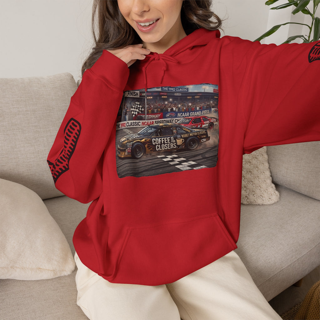 Racing Garage Hooded Sweatshirt — Vintage Racecar Track Scene