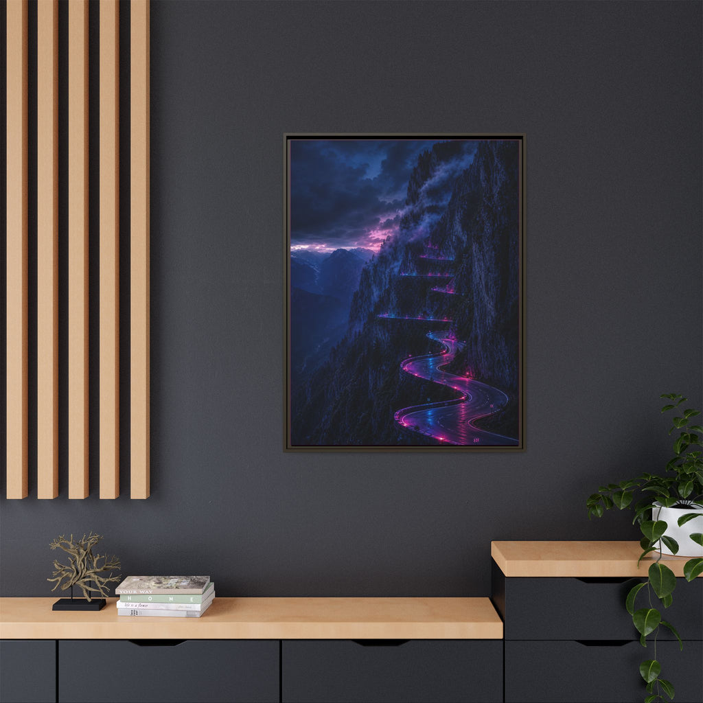 Neon Mountain Road Matte Canvas Print — Framed Nightscape Wall Art